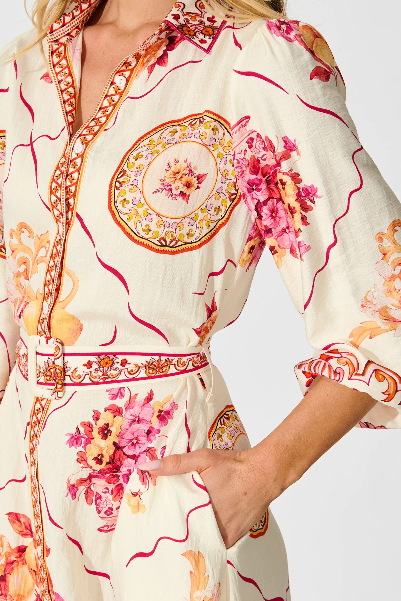 Callidora Maxi Shirt Dress In Pink Floral Print Linen Blend - Image 5