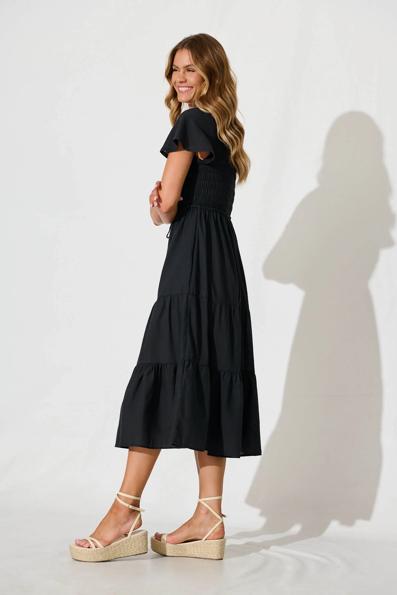 Callie Midi Dress in Black Linen Blend - Image 3
