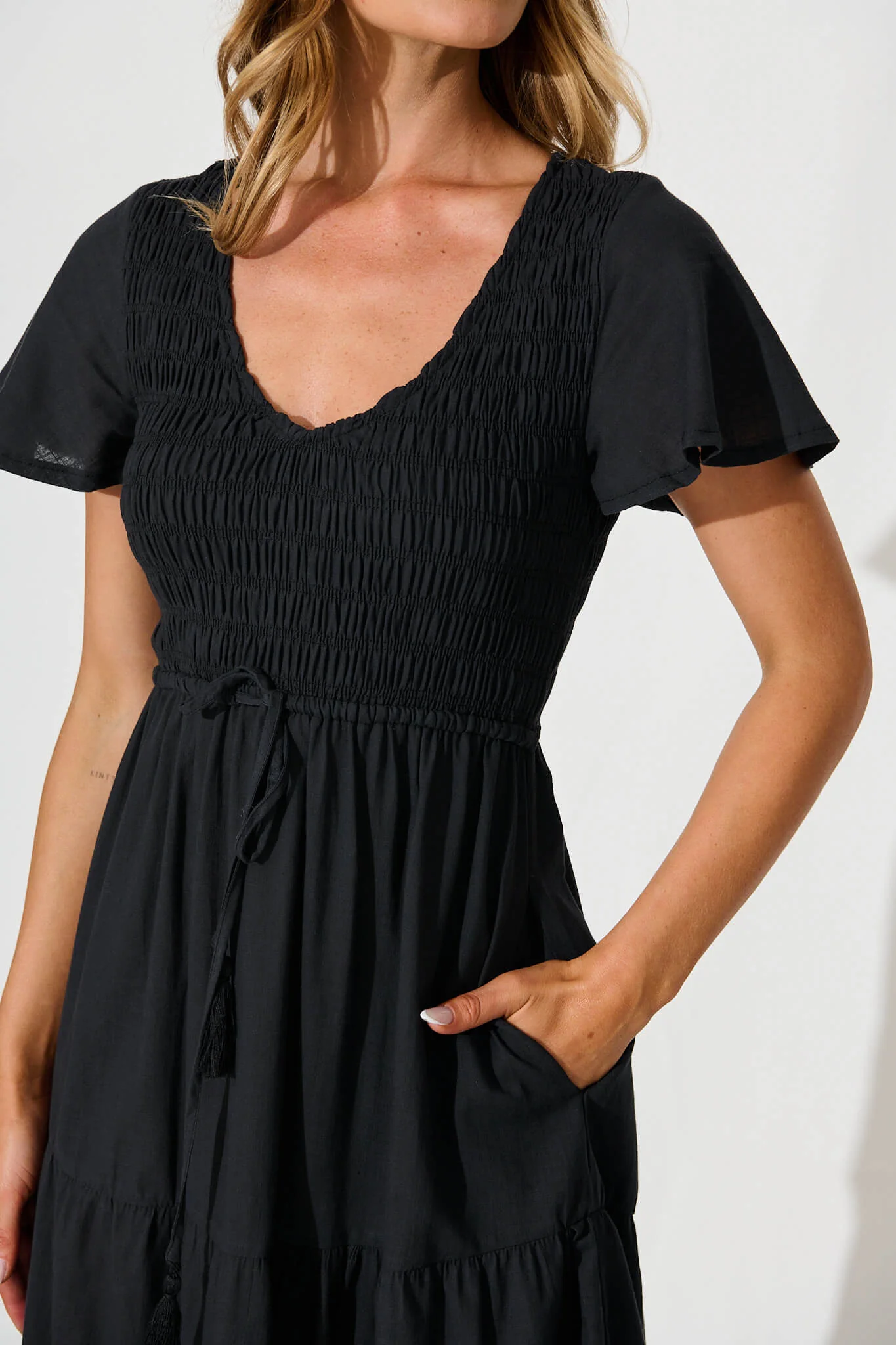 Callie Midi Dress in Black Linen Blend - Image 5