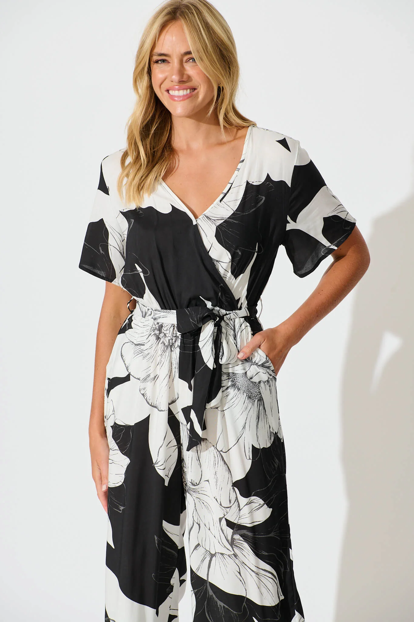 Calliope Jumpsuit In Black With White Floral - Image 2