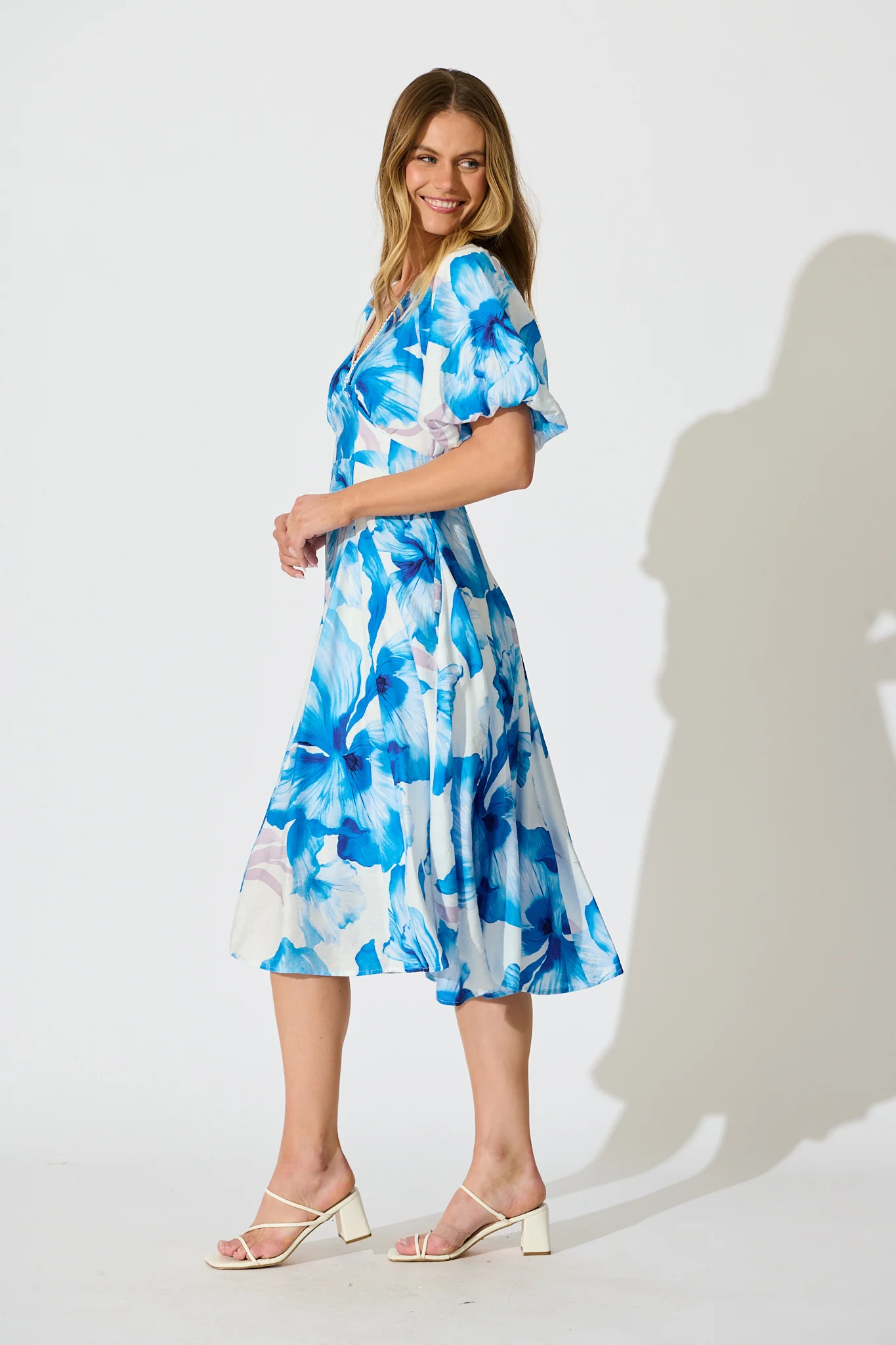 Callista Midi Dress in White with Blue Floral - Image 3