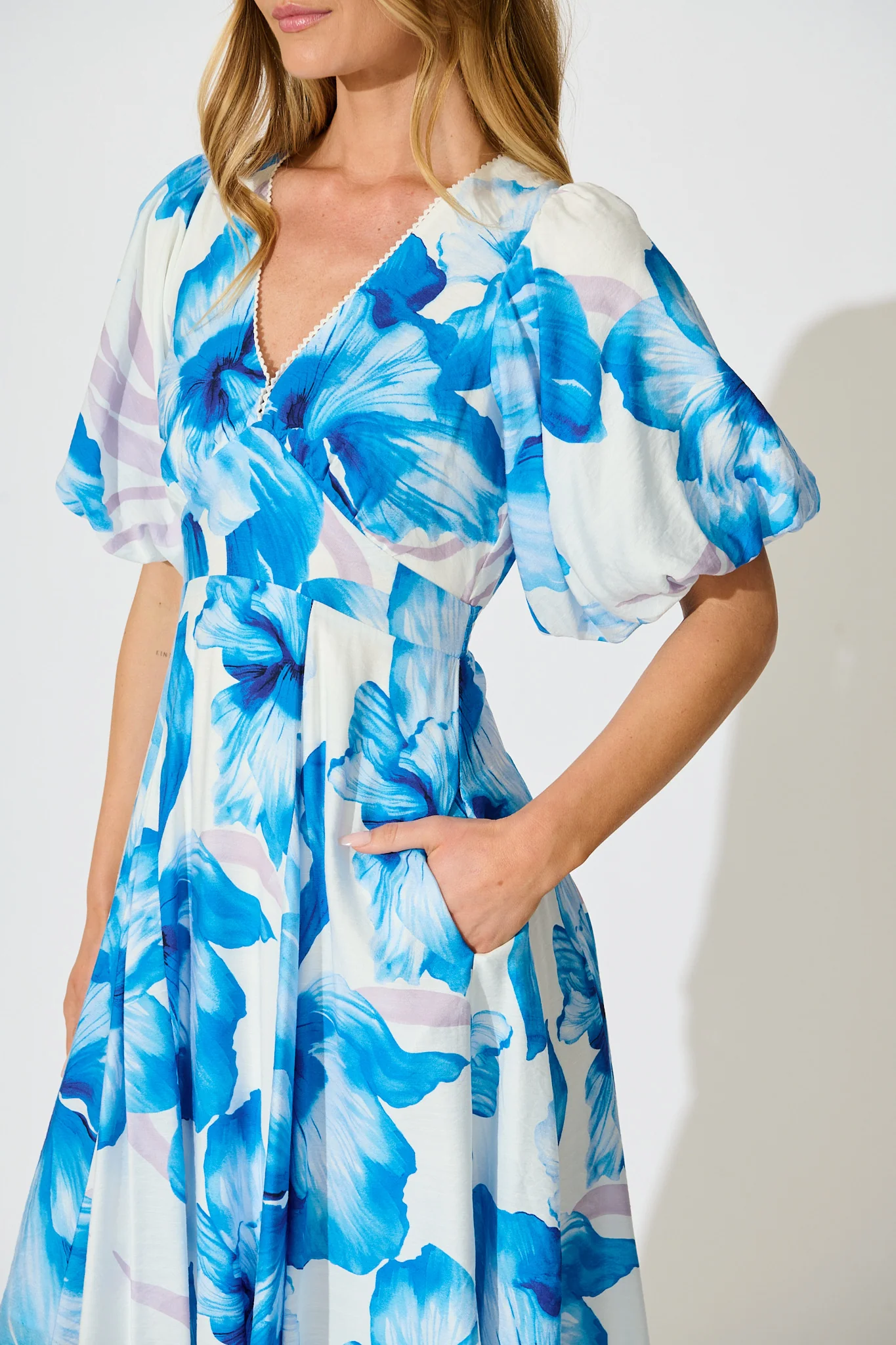 Callista Midi Dress in White with Blue Floral - Image 5