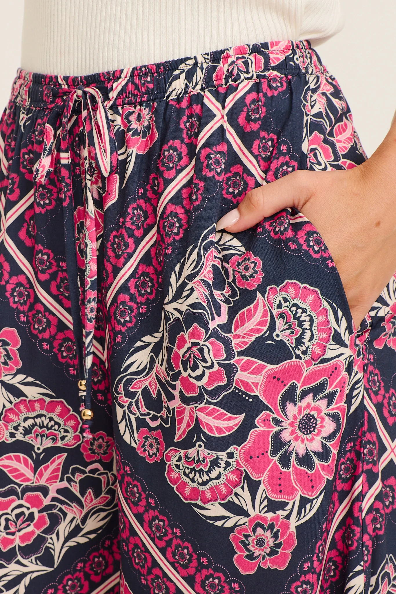 Cambree Pants in Navy with Pink Floral Tiles Print - Image 10