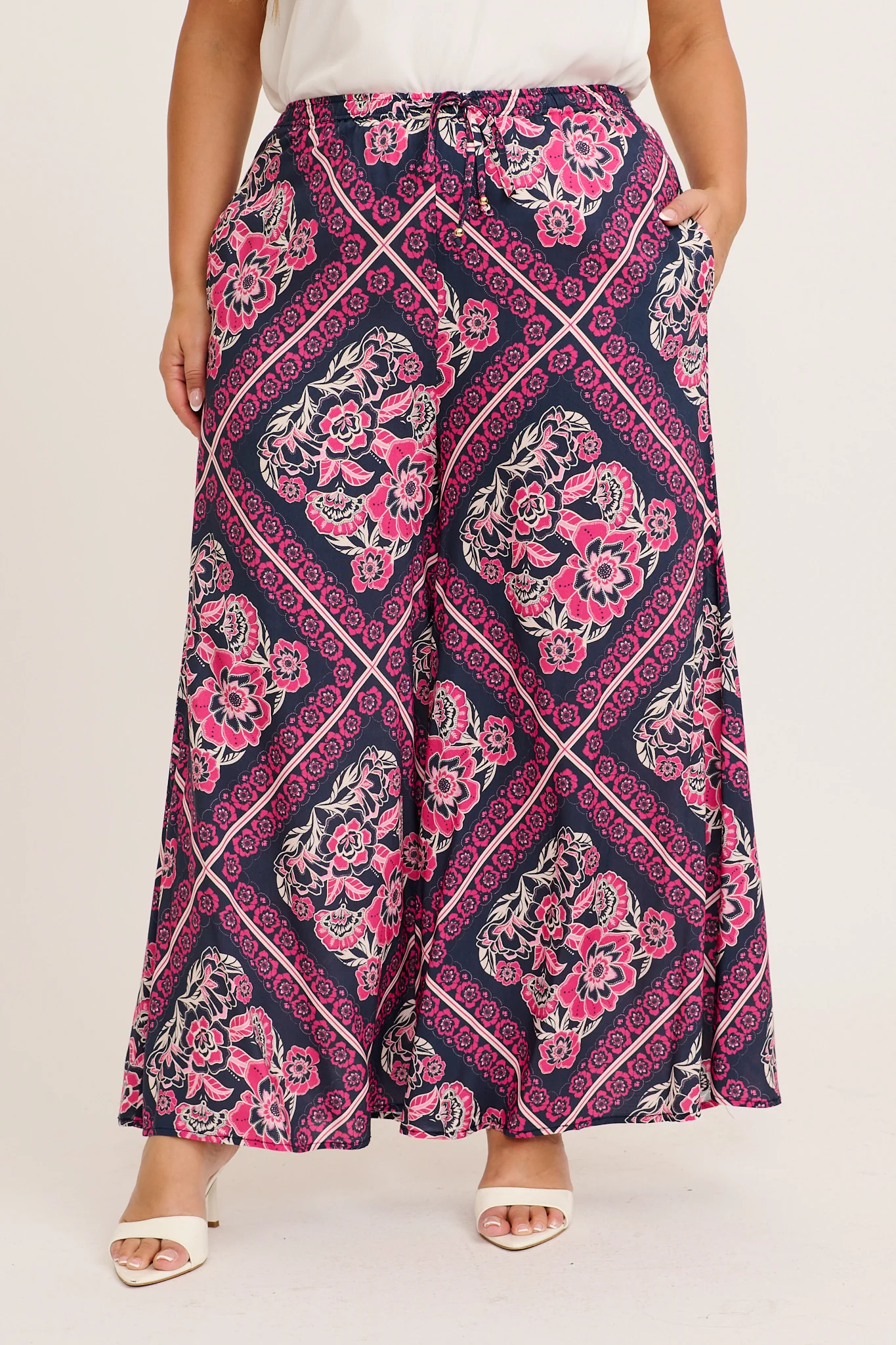 Cambree Pants in Navy with Pink Floral Tiles Print - Image 7