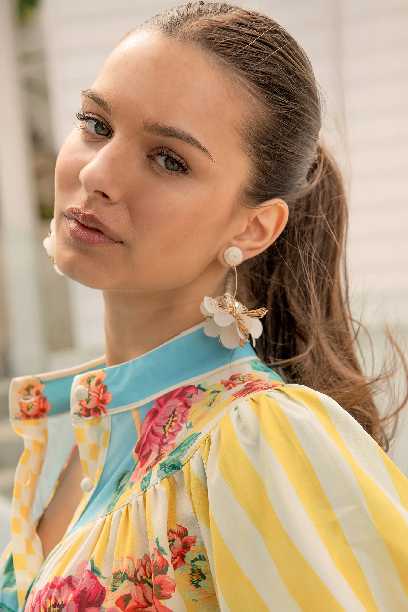 Camila Statement Earrings in Cream and Gold Floral - Image 2