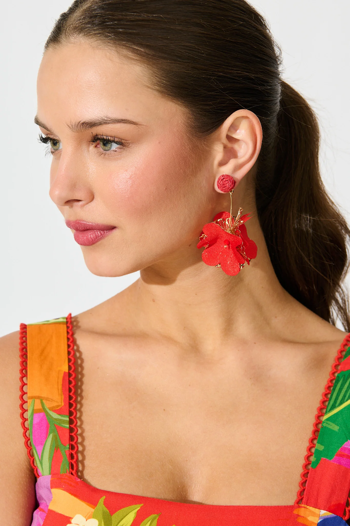 Camila Statement Earrings in Red and Gold Floral - Image 4