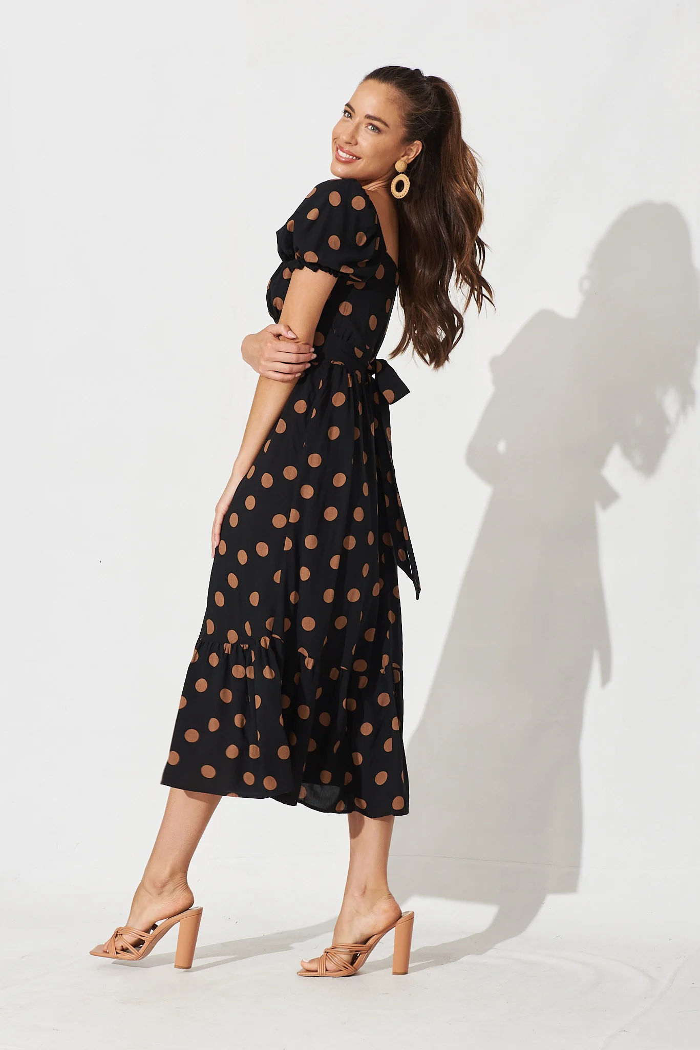 Candie Midi Dress In Black With Brown Spot - Image 3