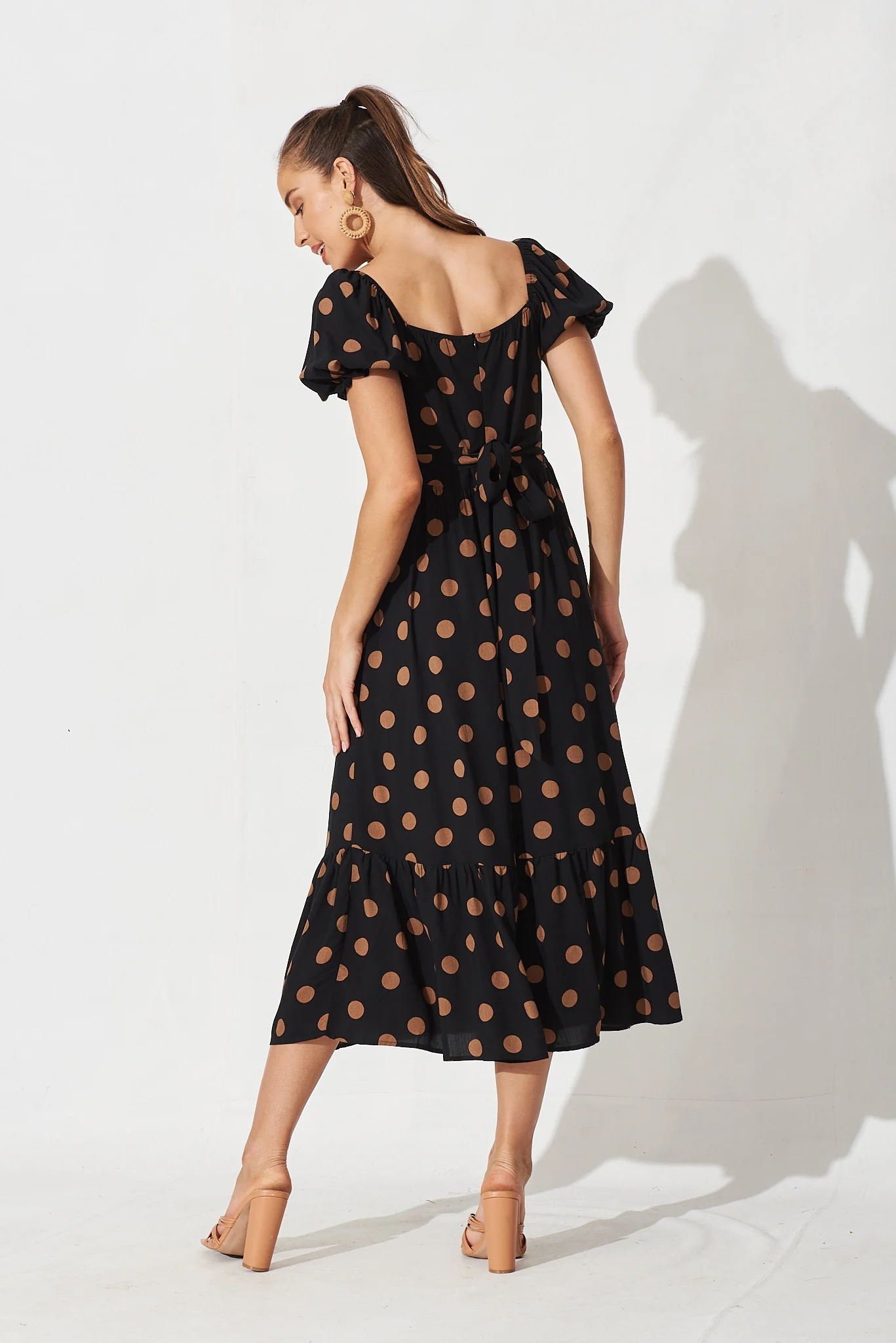 Candie Midi Dress In Black With Brown Spot - Image 4