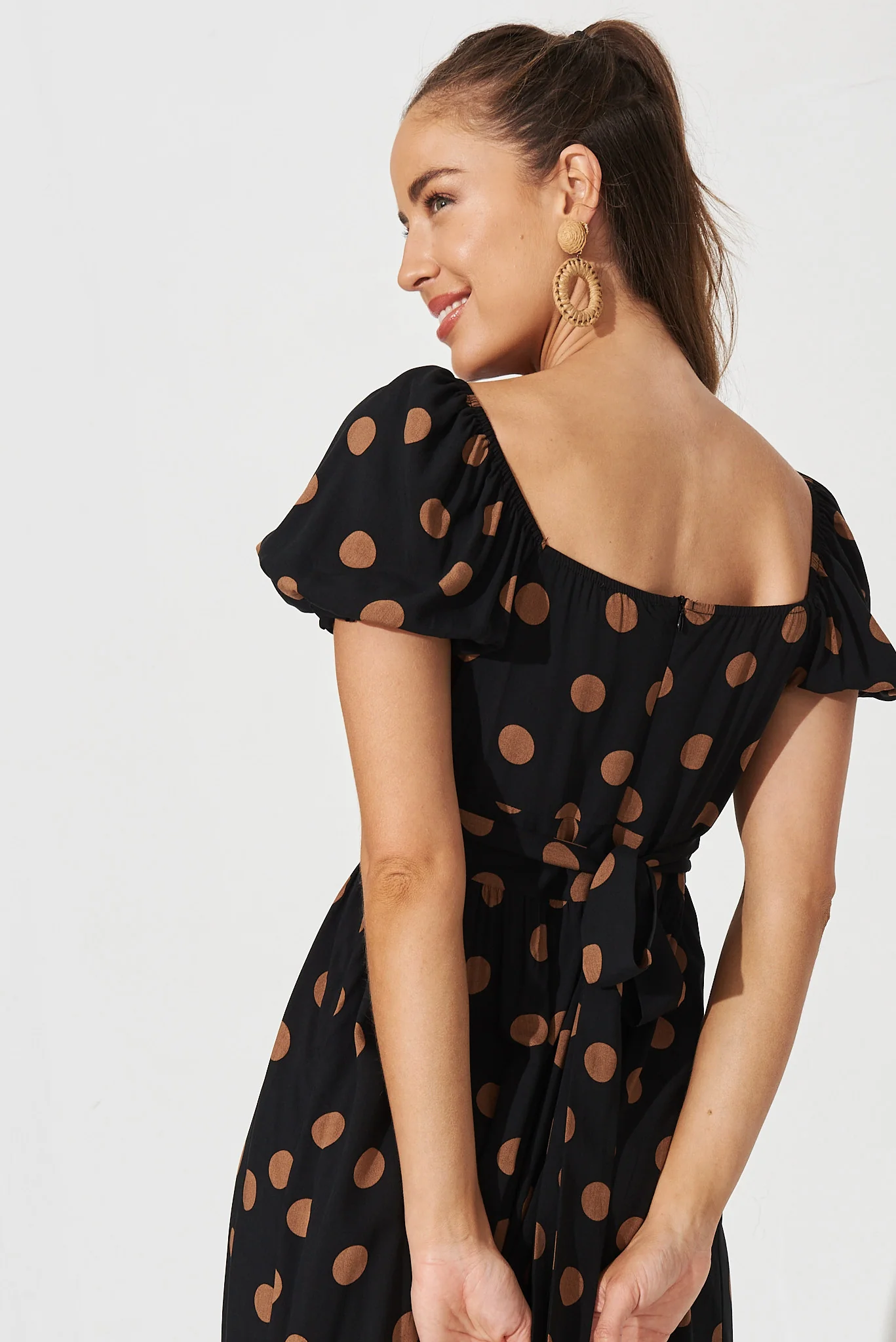 Candie Midi Dress In Black With Brown Spot - Image 5