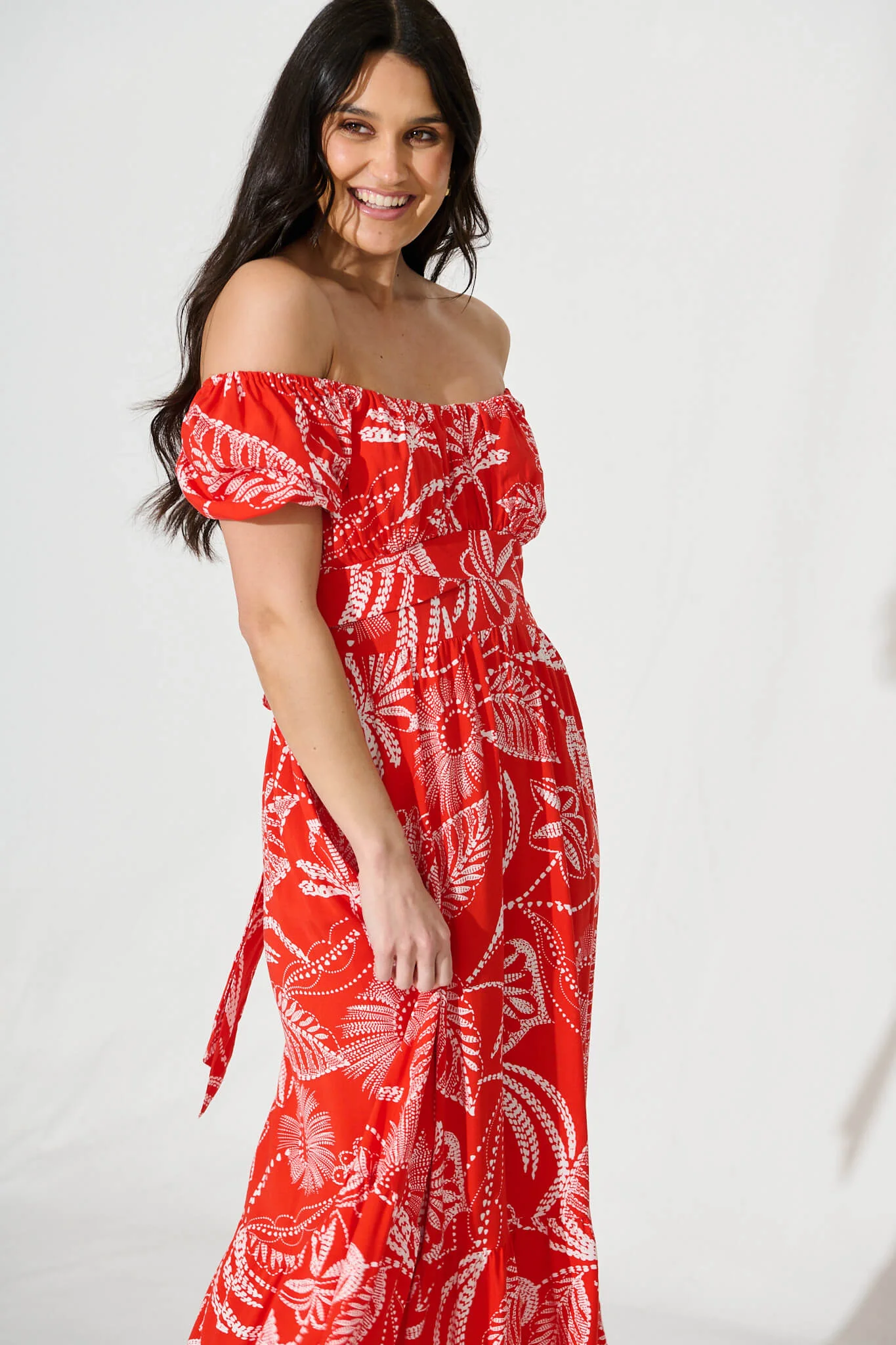 Candie Midi Dress In Red with White Print - Image 6