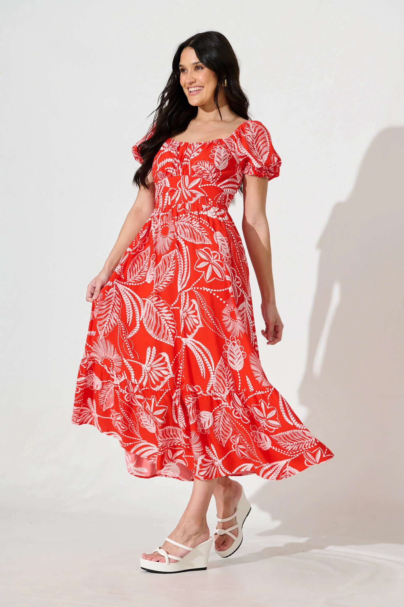 Candie Midi Dress In Red with White Print - Image 7