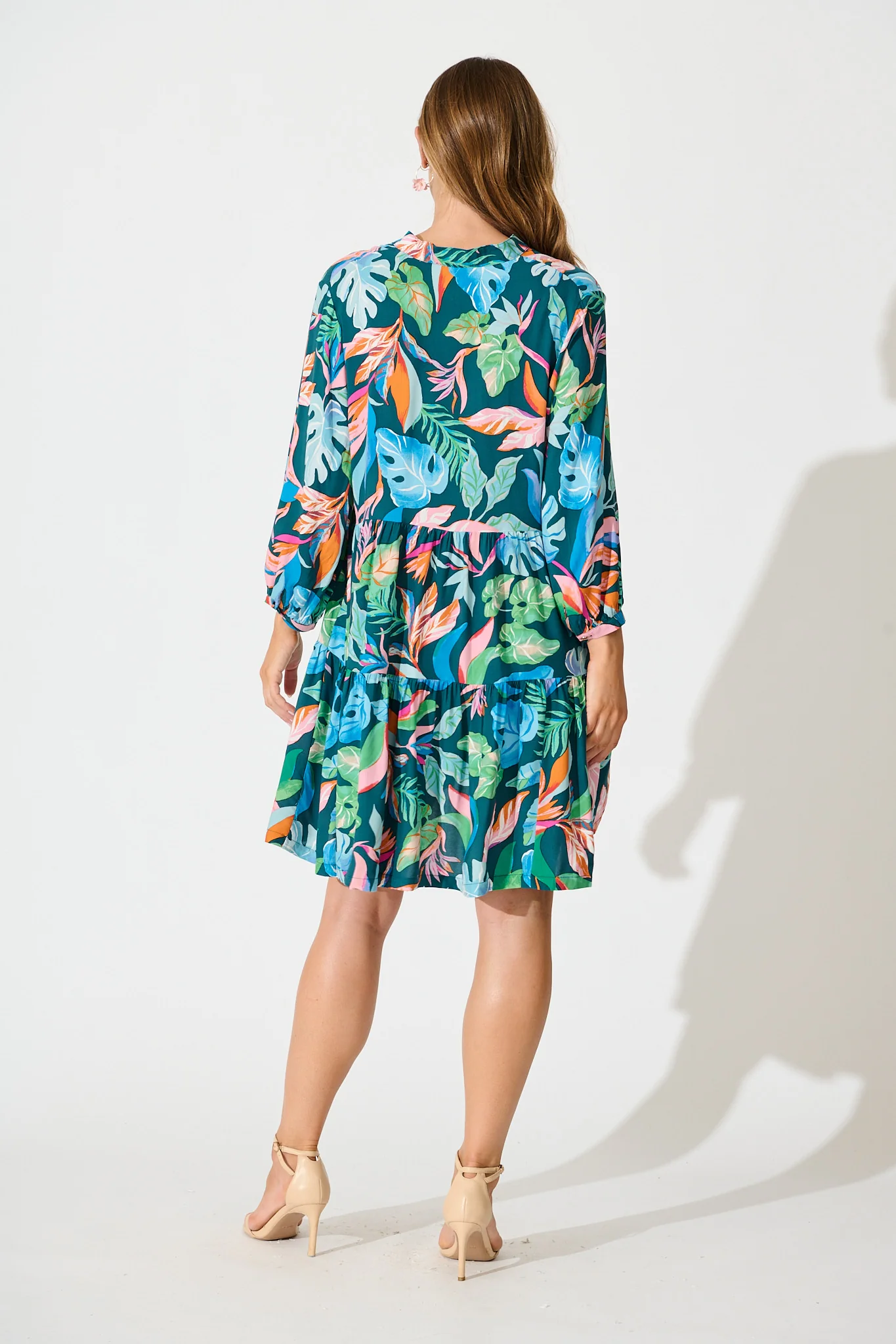 Caracelle Smock Dress in Teal with Multi Leaf Print - Image 4