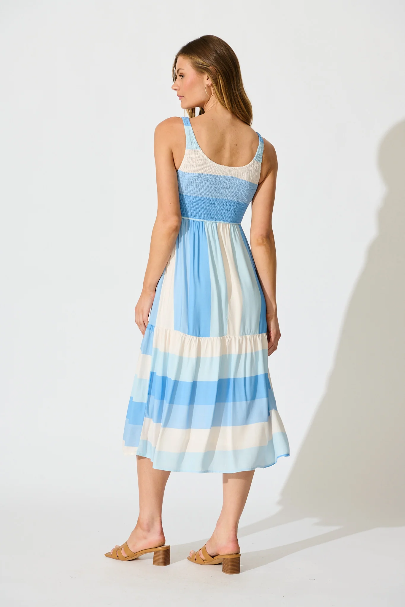 Caribbean Midi Dress In Blue with Cream Linen Blend - Image 4