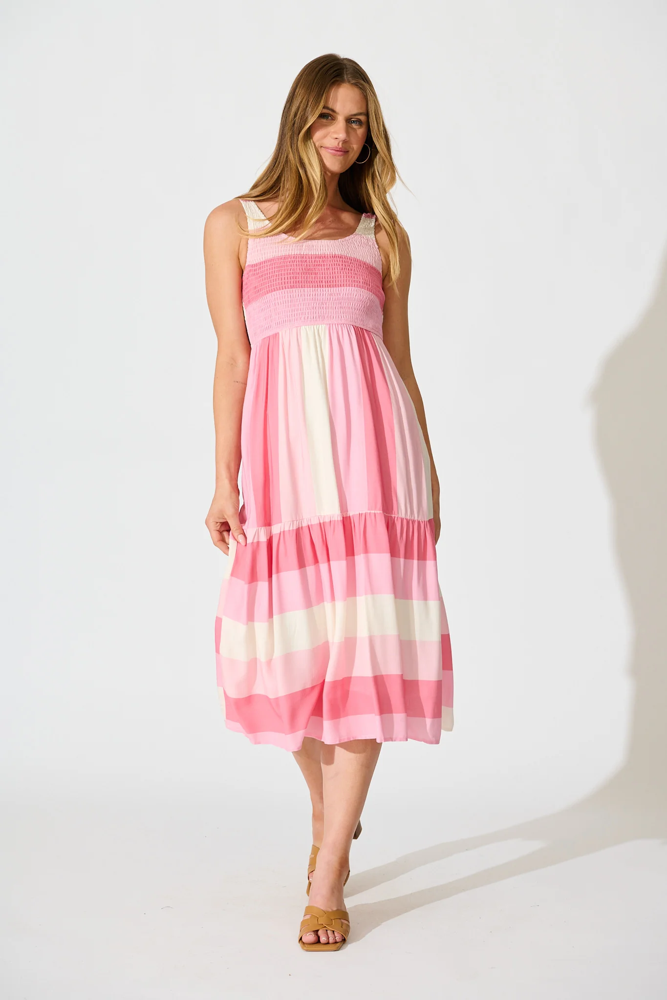 Caribbean Midi Dress in Pink with Cream Linen Blend
