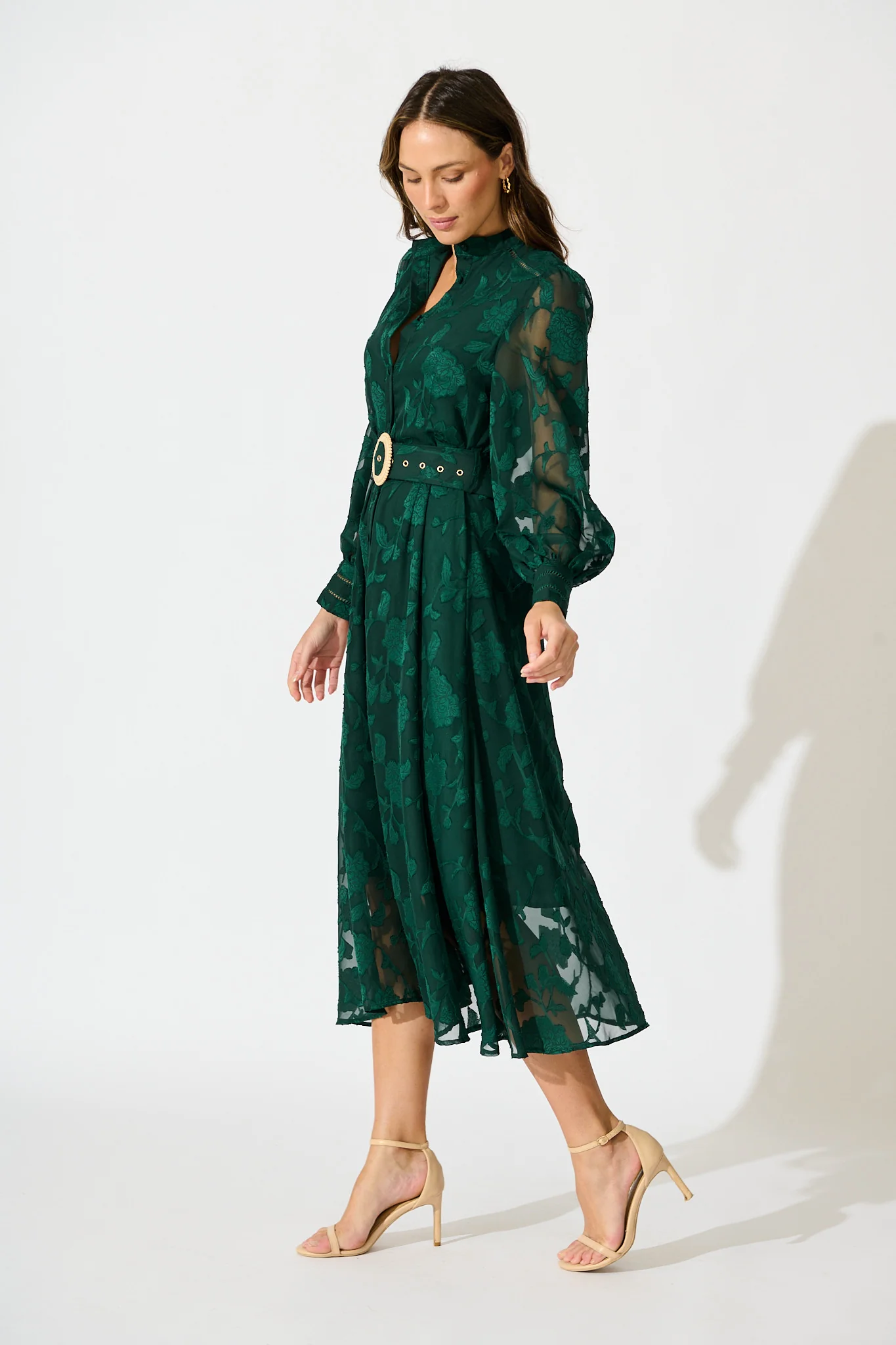 Carolina Midi Dress in Emerald Floral Burnout Chiffon - Image 3