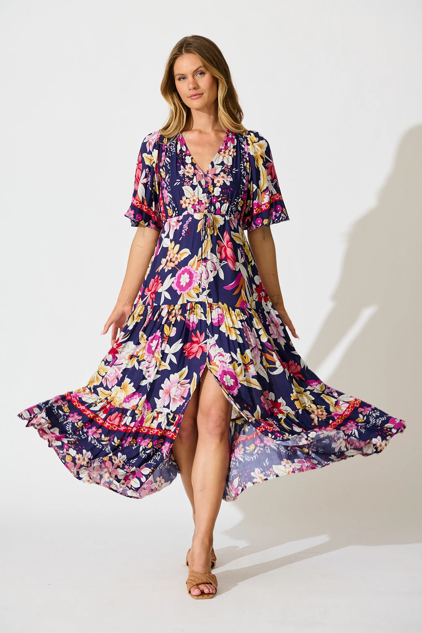 Carwen Maxi Dress in Navy with Pink Floral
