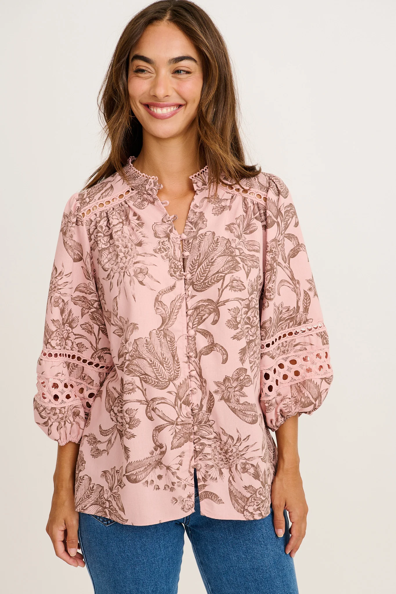 Cascades Top in Pink with Brown Leaf Cotton Linen