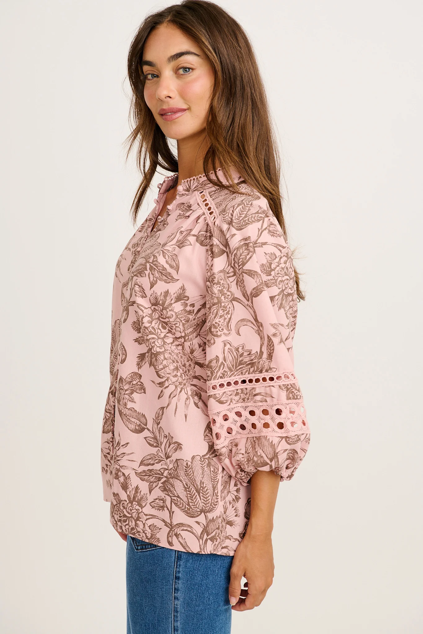 Cascades Top in Pink with Brown Leaf Cotton Linen - Image 2