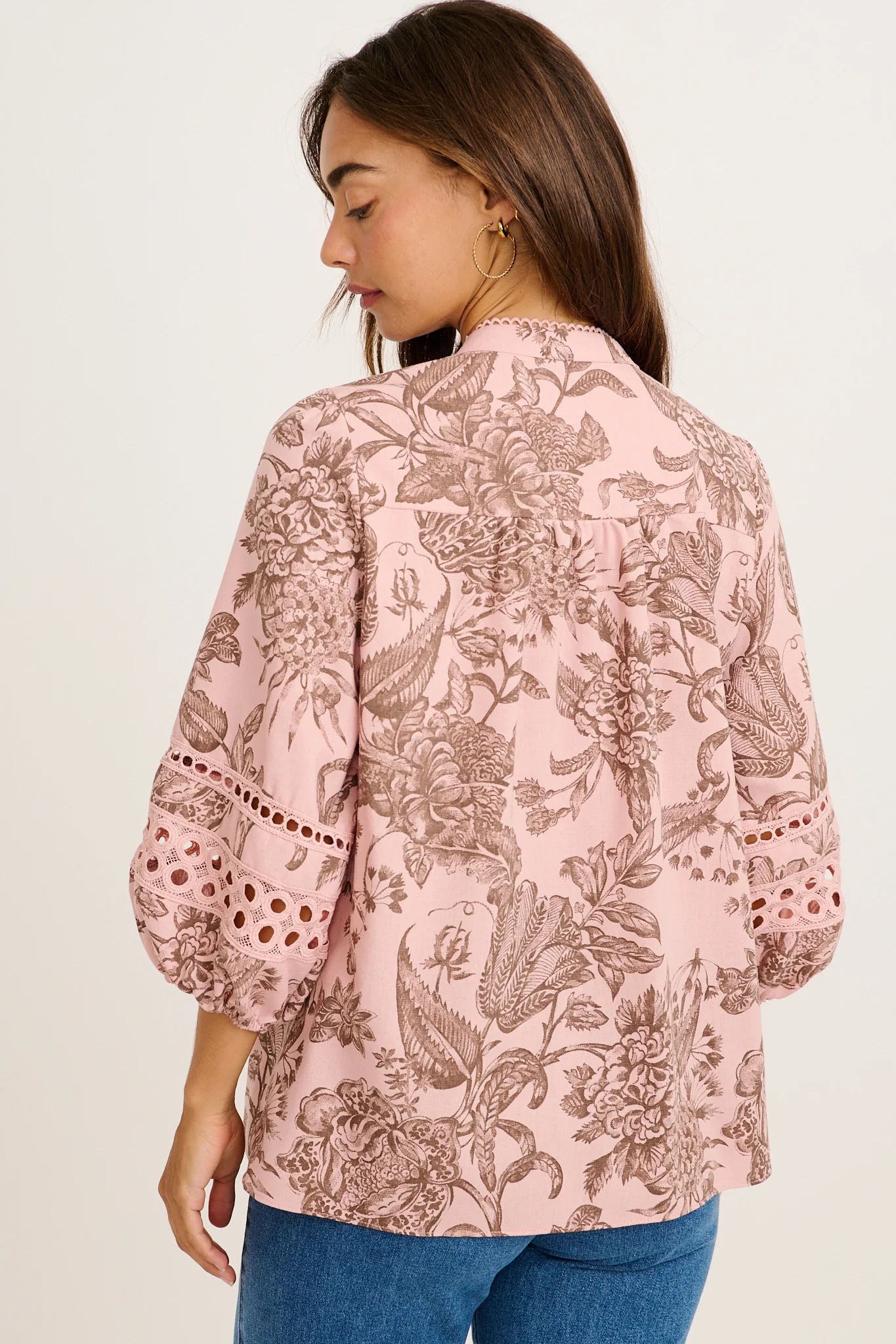 Cascades Top in Pink with Brown Leaf Cotton Linen - Image 3