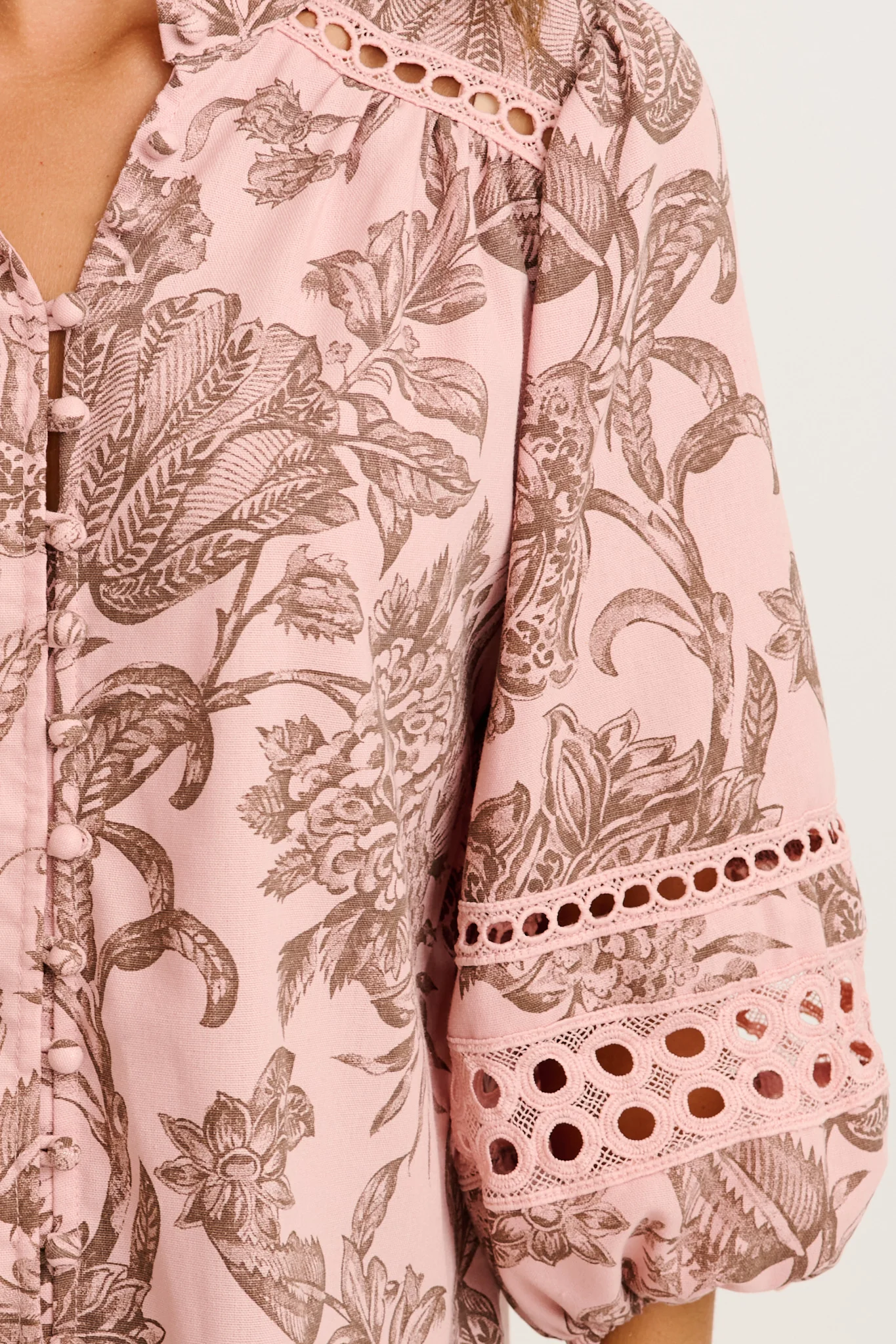 Cascades Top in Pink with Brown Leaf Cotton Linen - Image 5