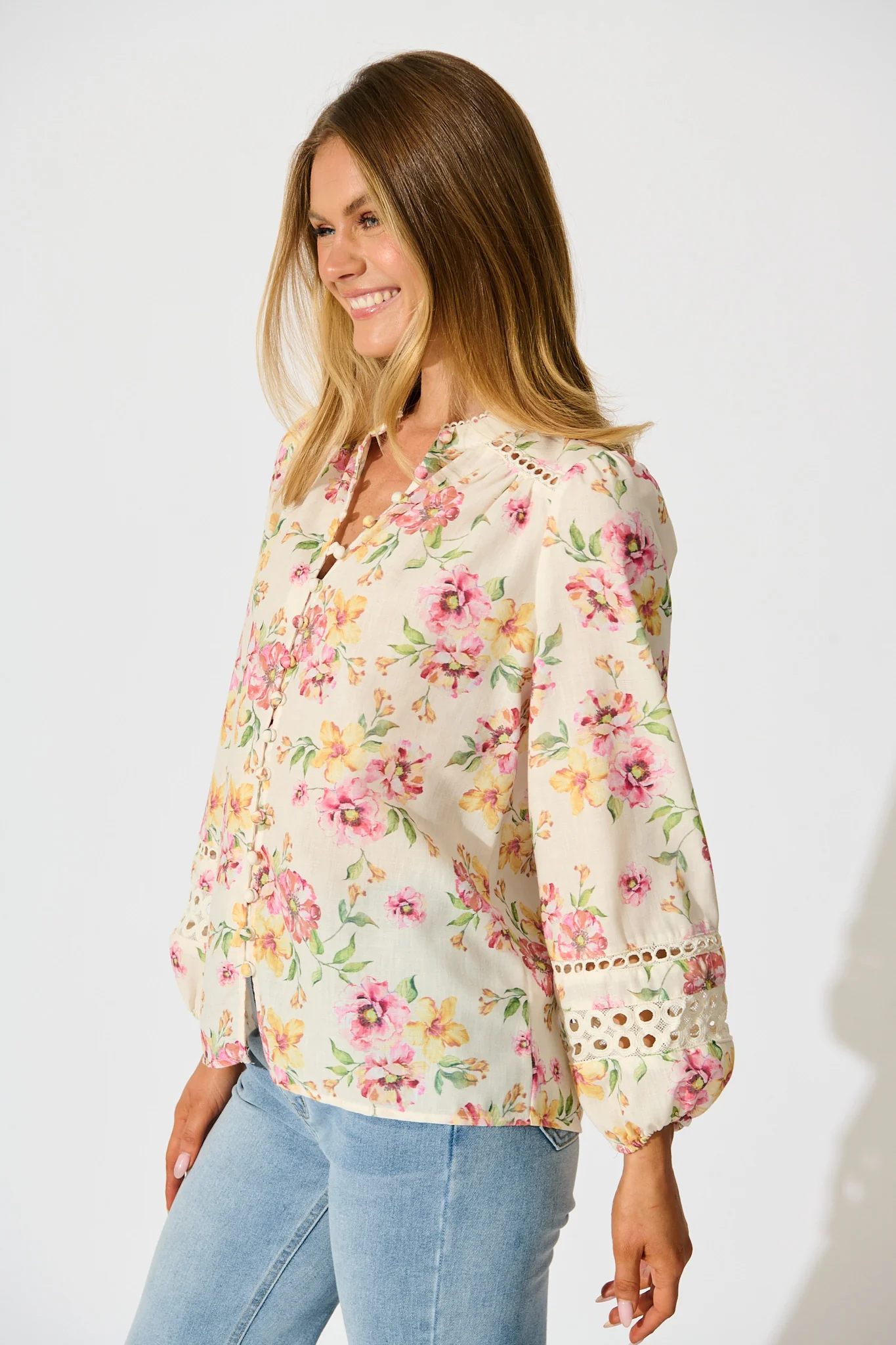 Cascades Top in Yellow Floral Linen Blend - Image 2