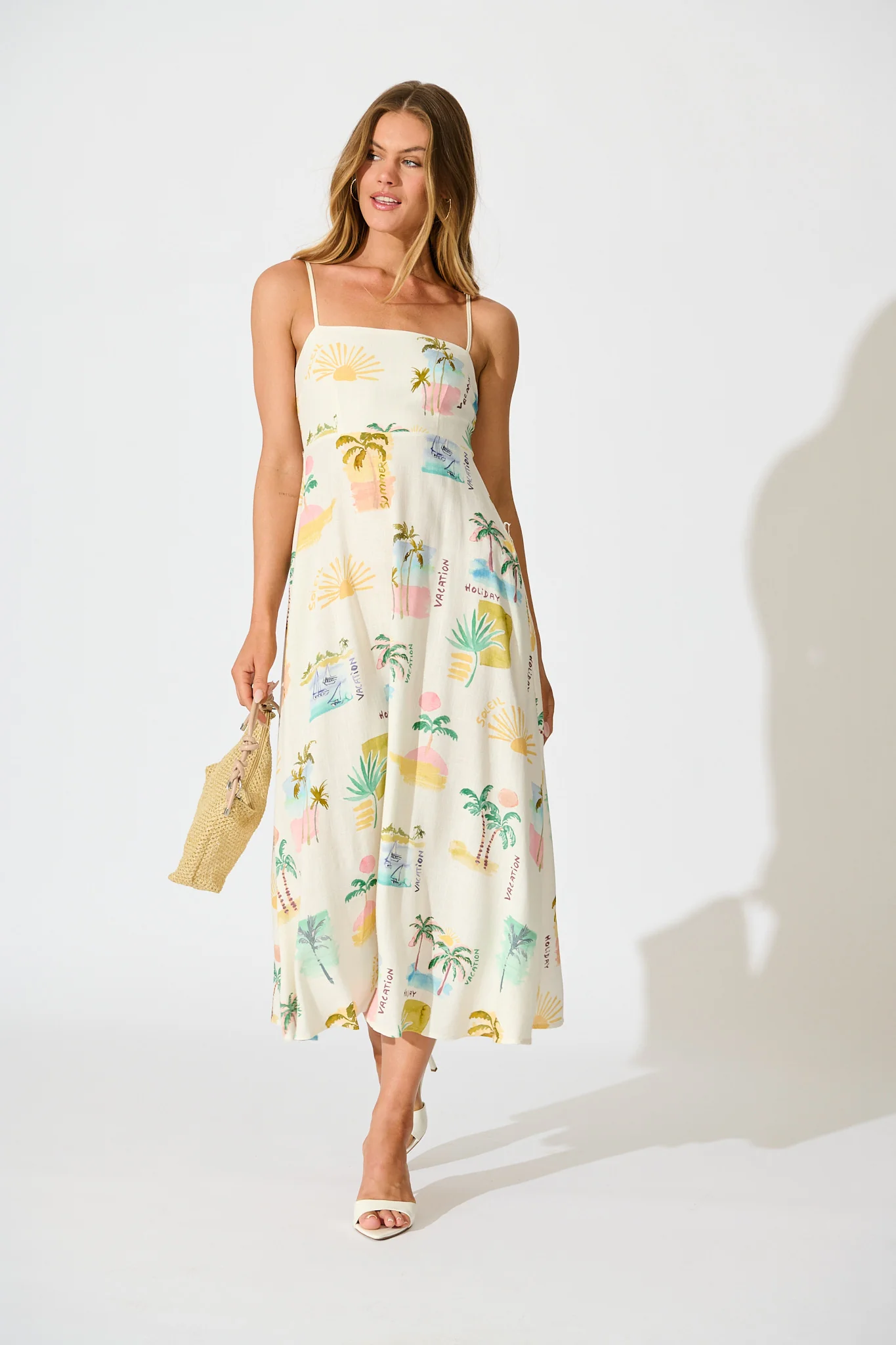 Cate Maxi Sundress in Cream with Multi Summer Linen Blend