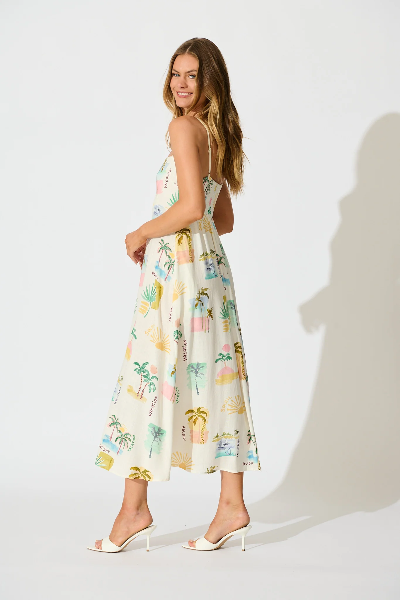 Cate Maxi Sundress in Cream with Multi Summer Linen Blend - Image 3