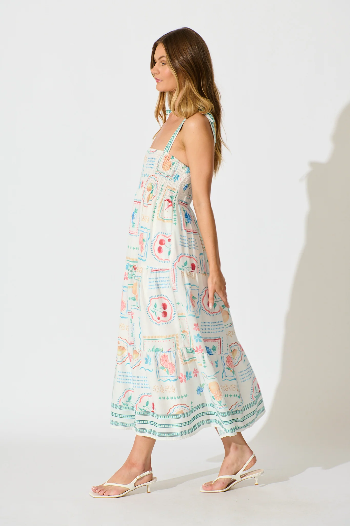 Catia Maxi Sundress in White with Green Multi Linen Blend - Image 3