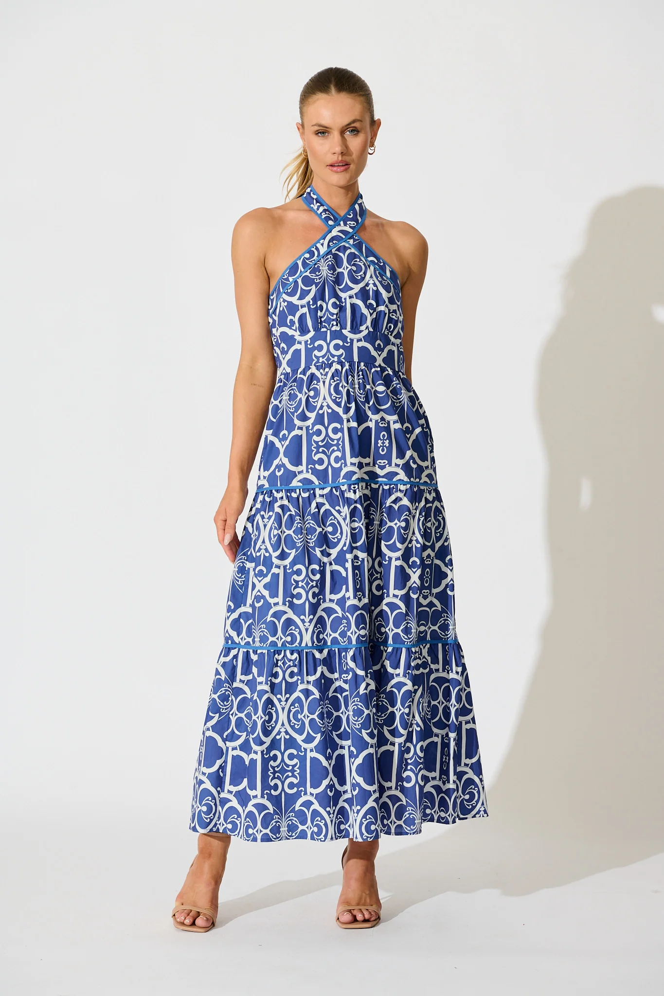 Celandine Halter Neck Maxi Dress in Blue with White Print Cotton
