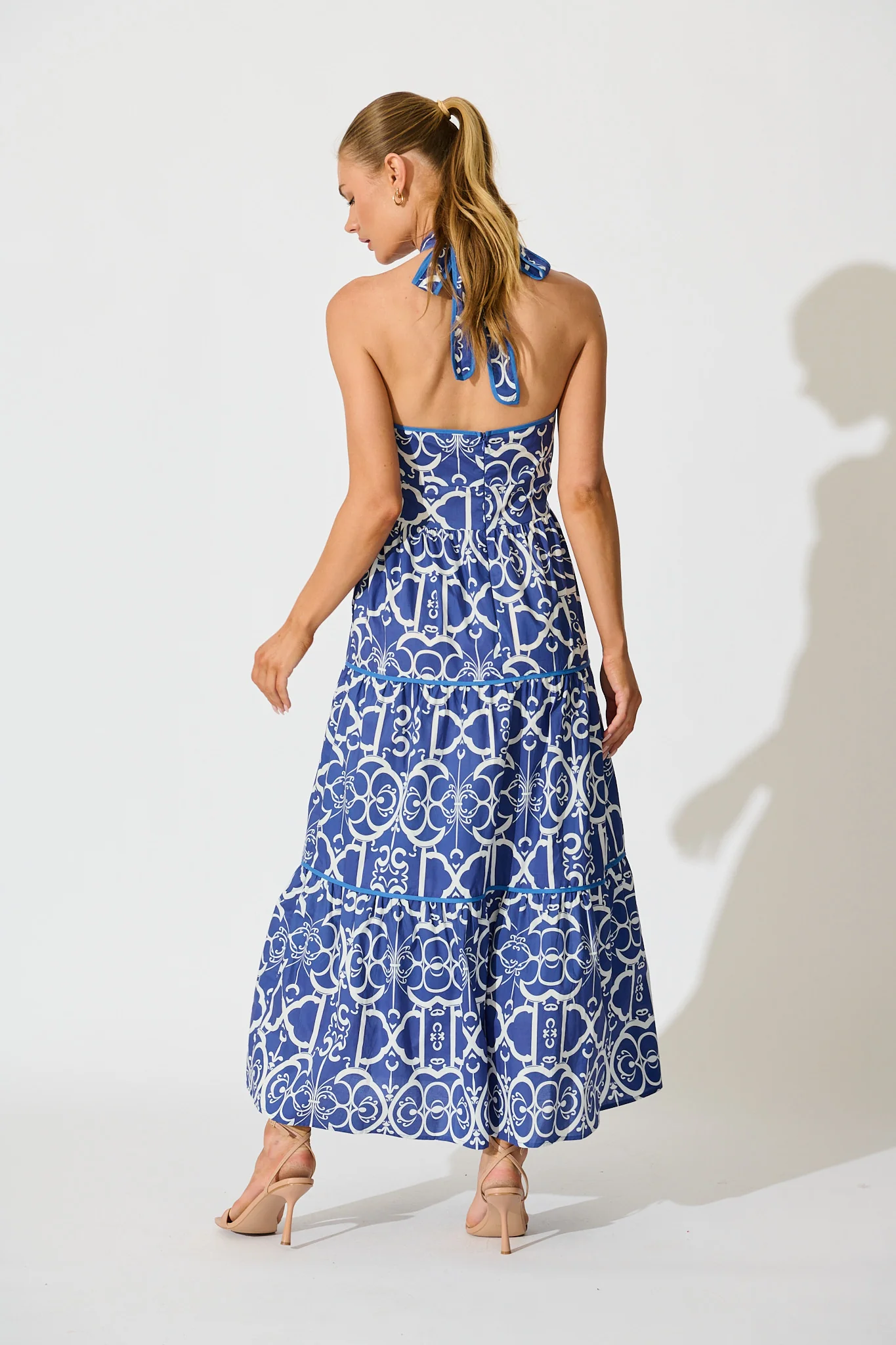Celandine Halter Neck Maxi Dress in Blue with White Print Cotton - Image 4