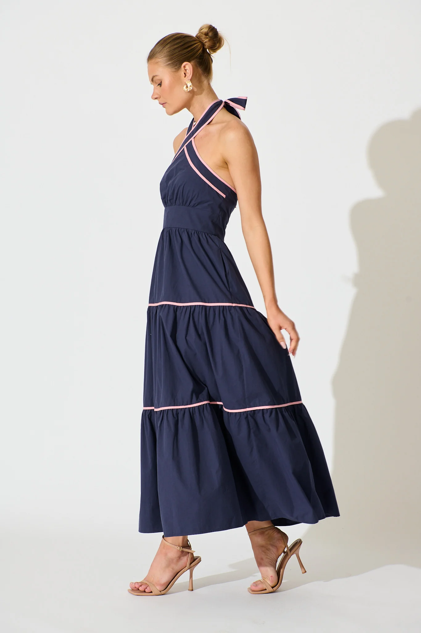 Celandine Halter Neck Maxi Dress in Navy Cotton - Image 3