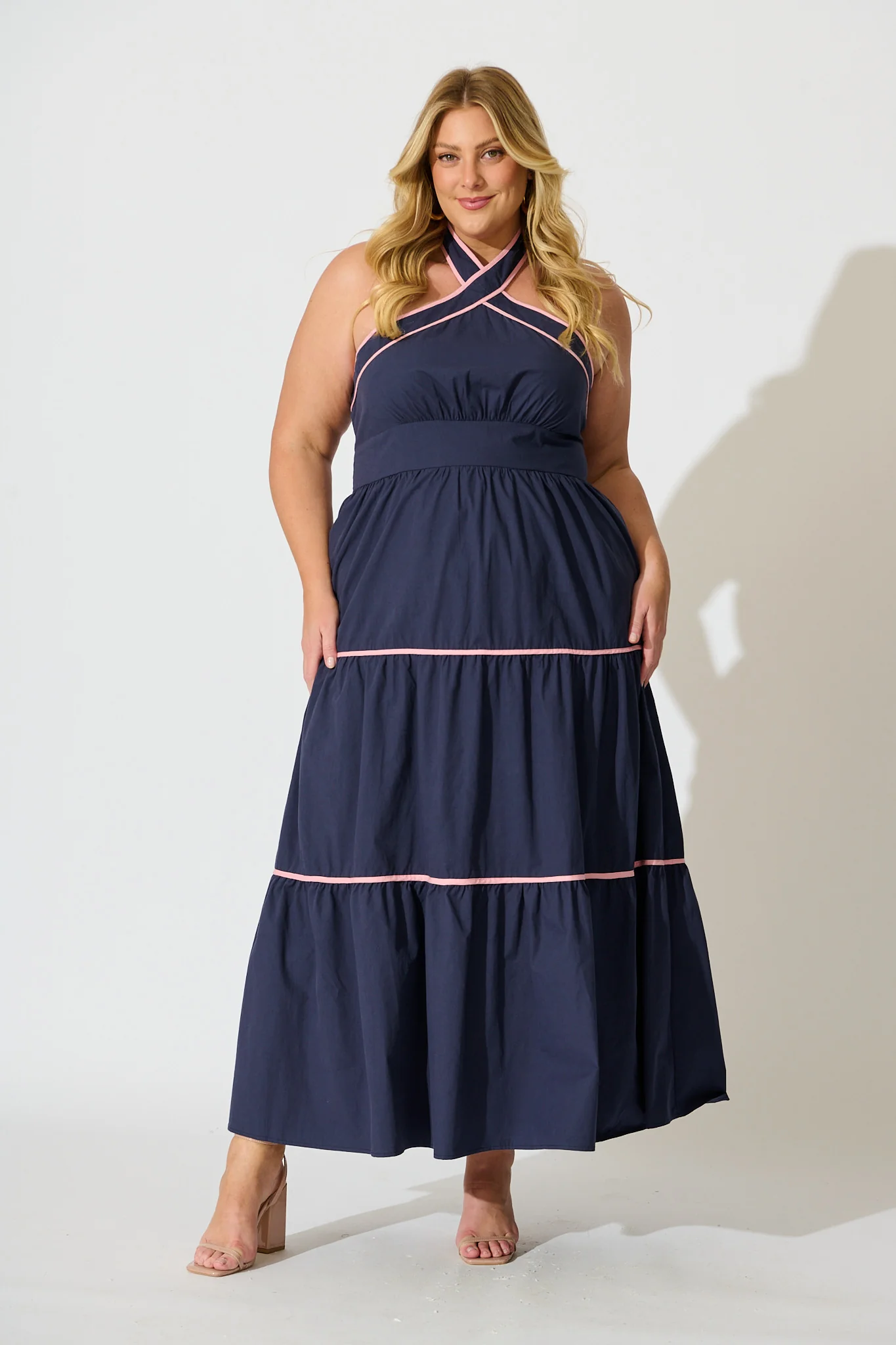 Celandine Halter Neck Maxi Dress in Navy Cotton - Image 7