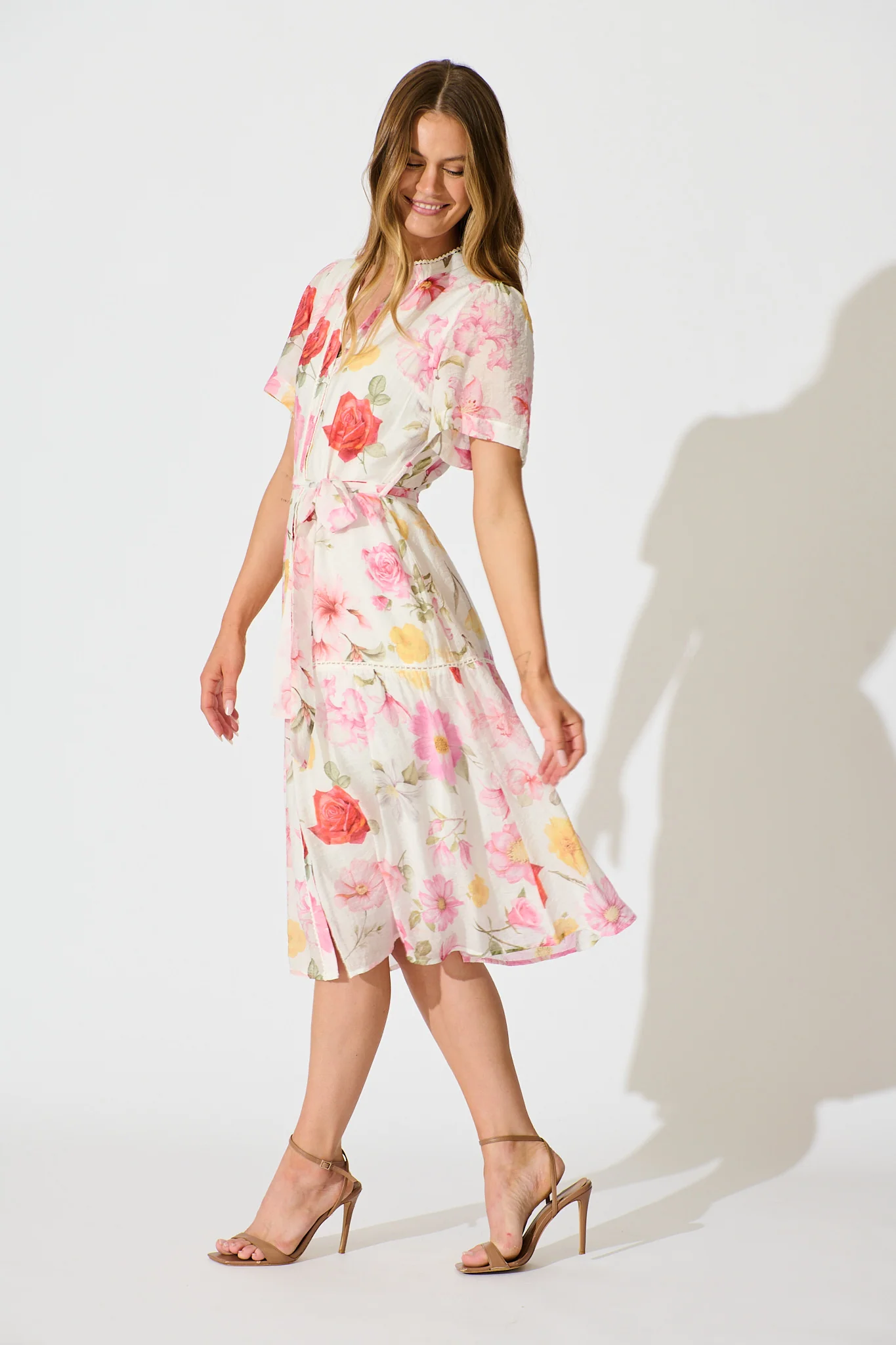 Celene Midi Dress in White with Blush Floral - Image 3