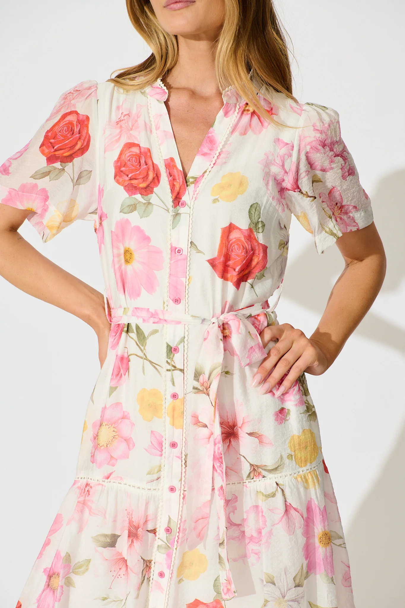 Celene Midi Dress in White with Blush Floral - Image 5