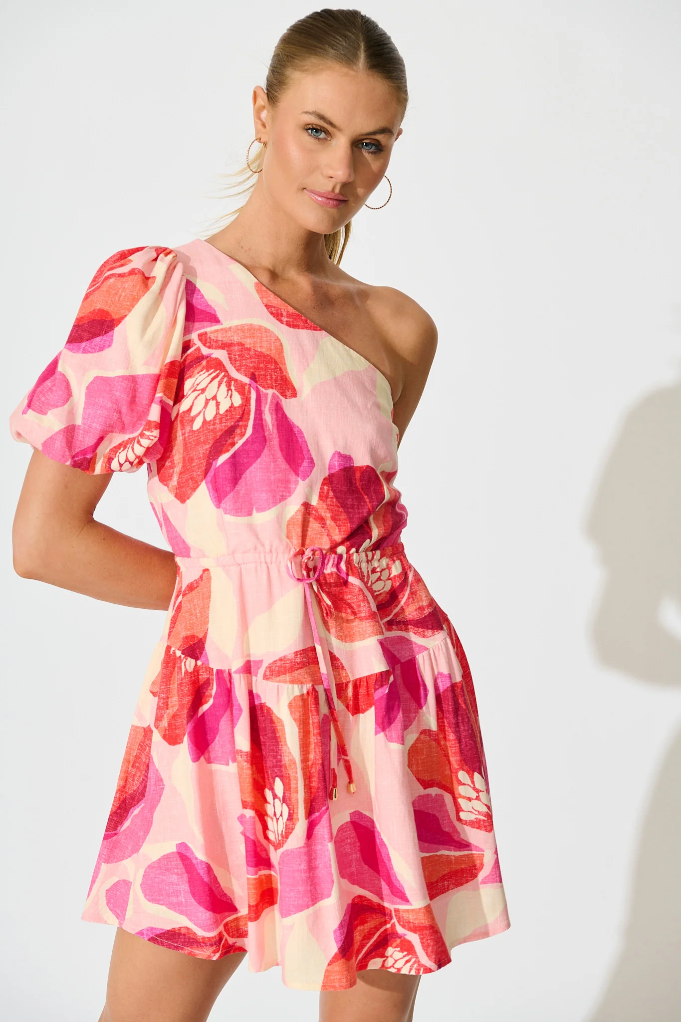Celeste Bloom One Shoulder Dress in Multi Blush Floral Linen Blend - Image 3