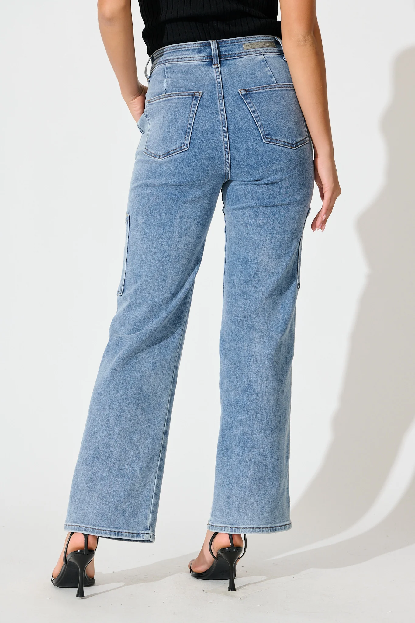 Celeste High Rise Straight Cargo Jean in Mid Blue Denim - Image 3
