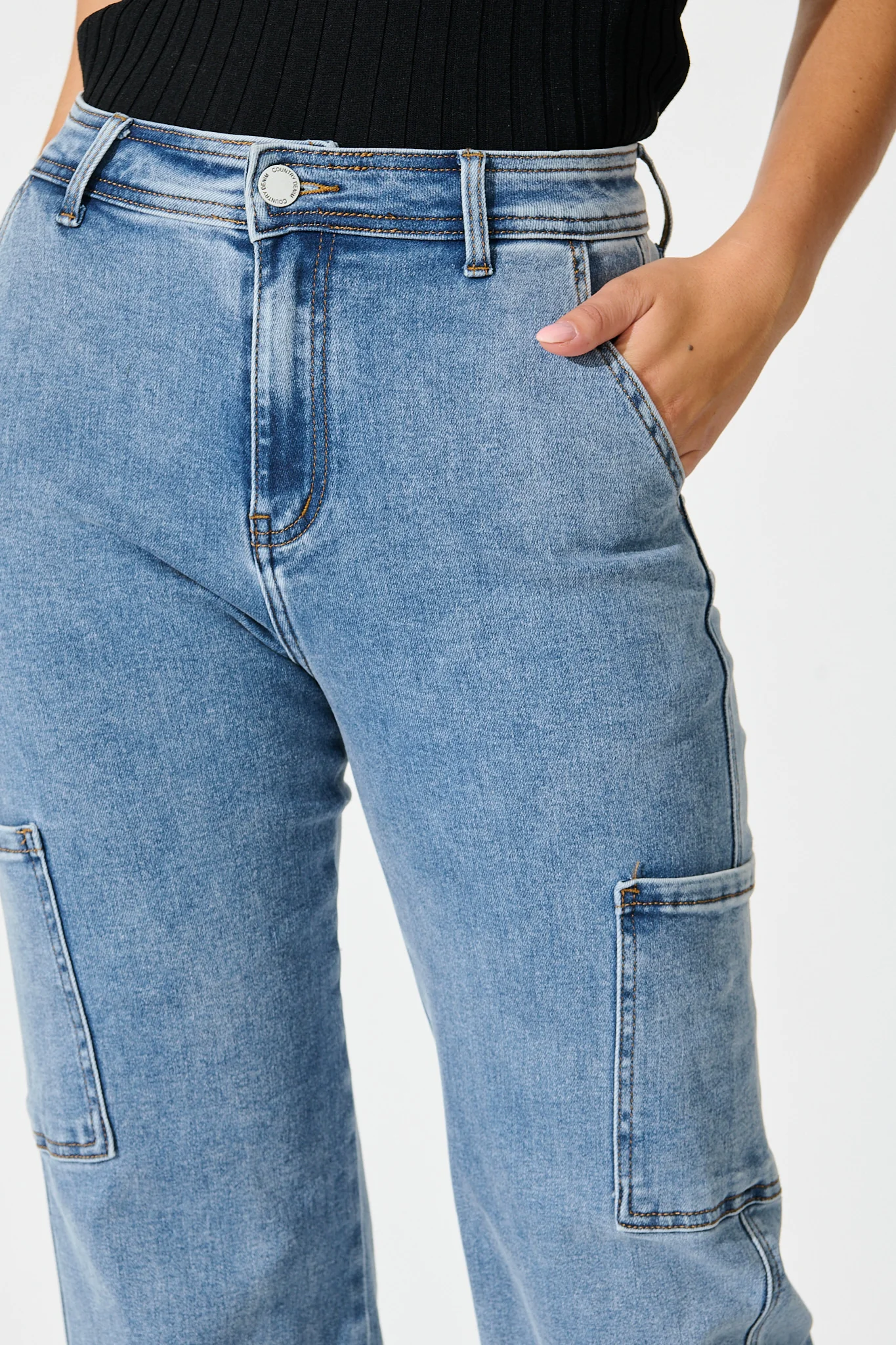 Celeste High Rise Straight Cargo Jean in Mid Blue Denim - Image 5