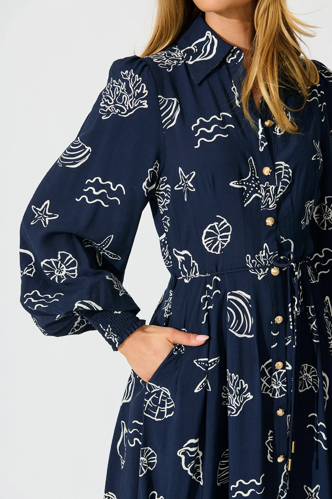 Celestial Reef Maxi Shirt Dress in Navy with White Shell Print - Image 5