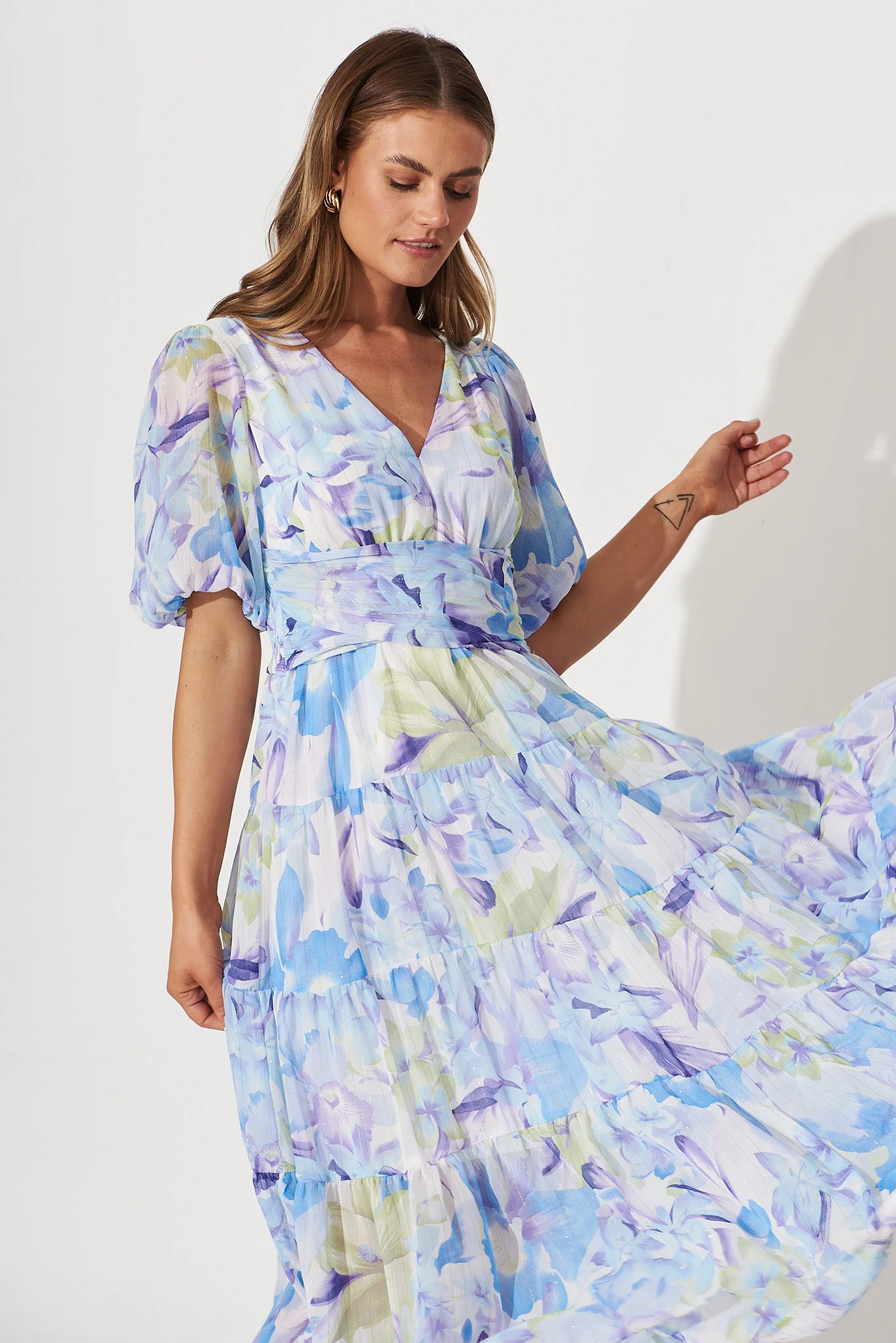 Celine Midi Dress In Blue With Green Watercolour Floral Print - Image 2