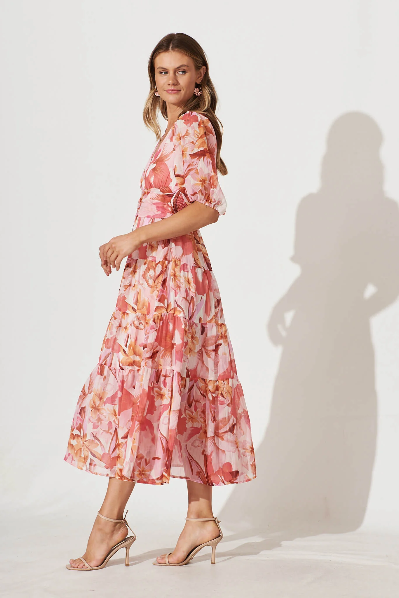 Celine Midi Dress in Pink Floral Lurex Chiffon - Image 3