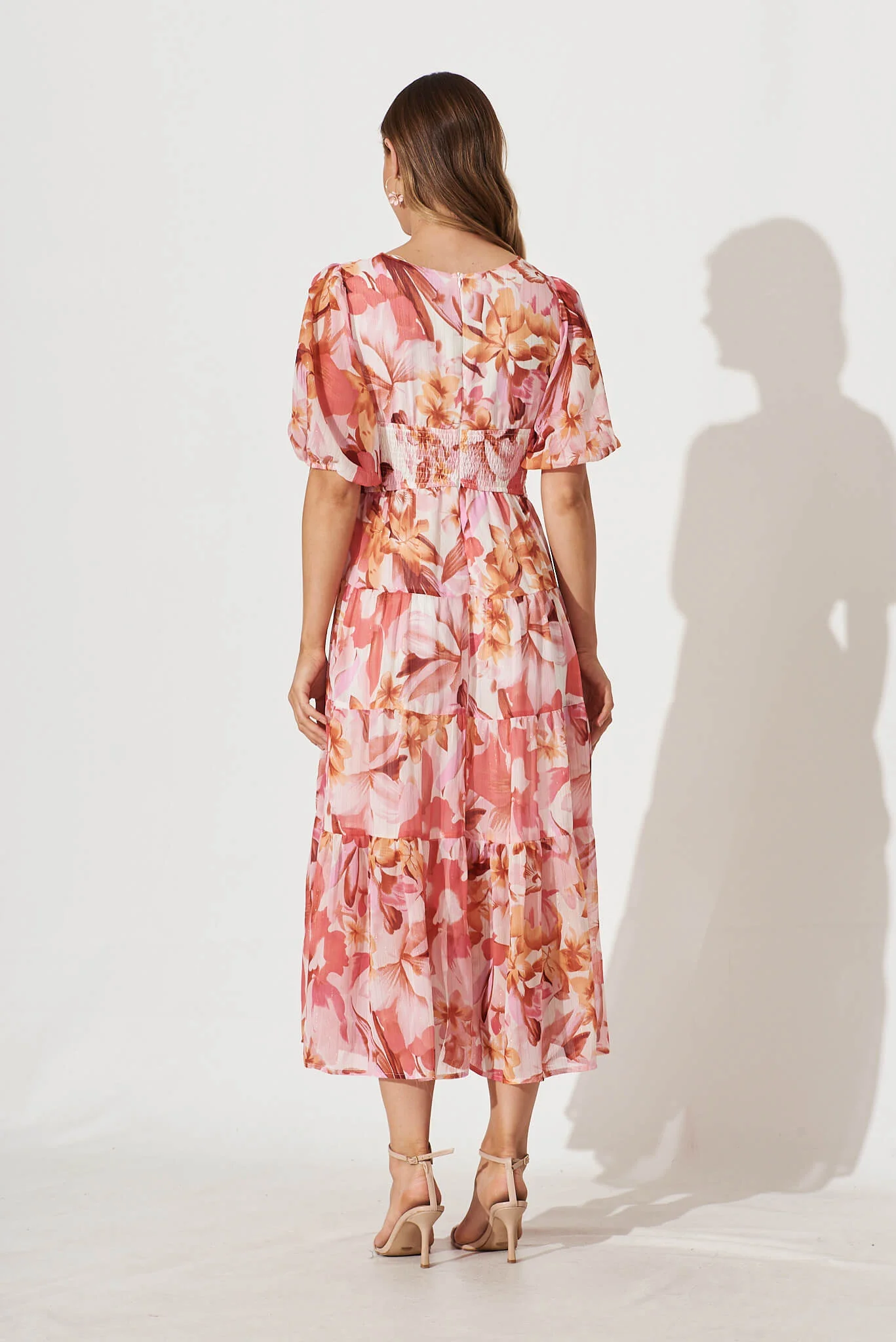 Celine Midi Dress in Pink Floral Lurex Chiffon - Image 4