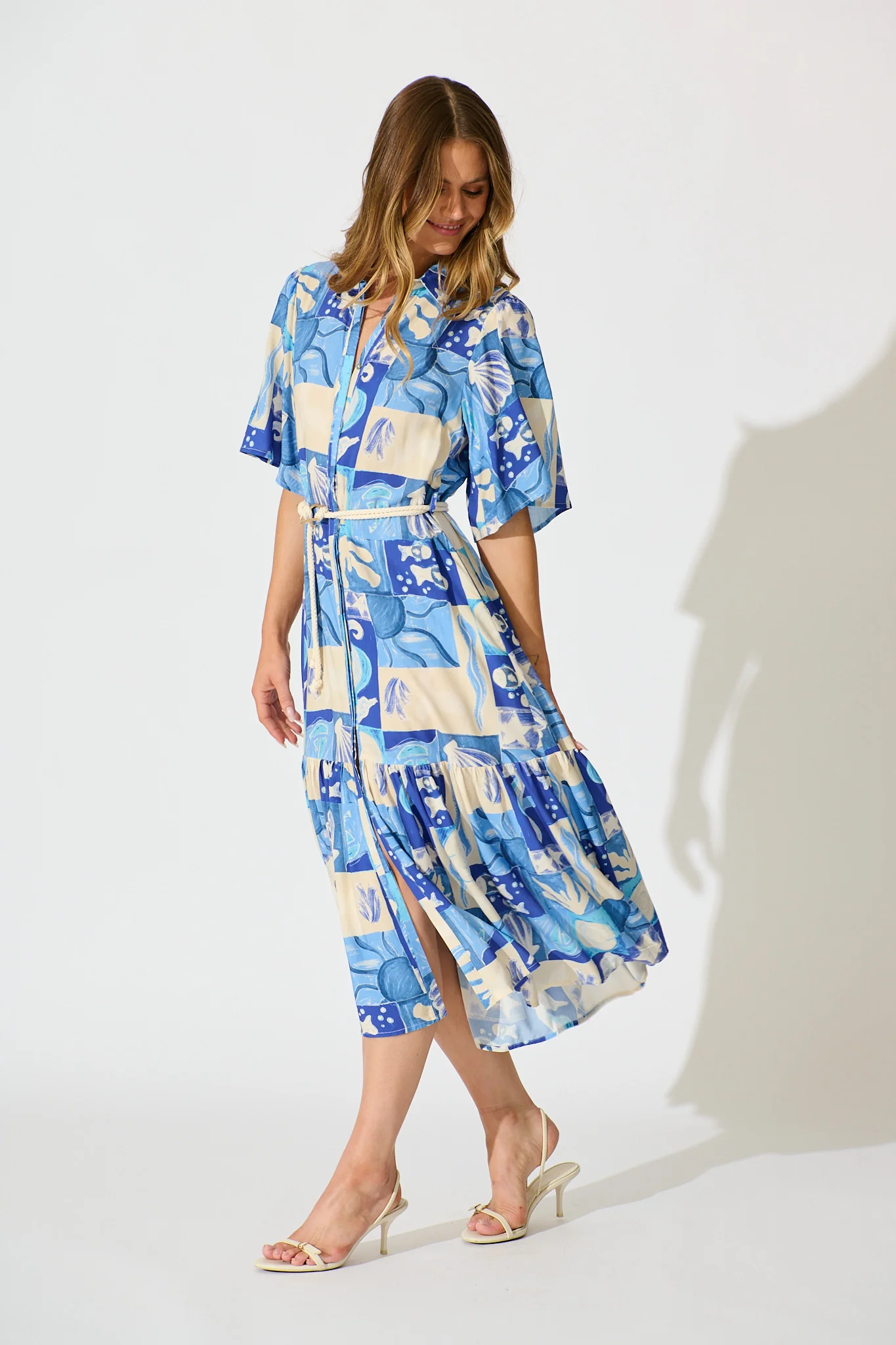 Cera Midi Shirt Dress in Blue Sea Shell Print - Image 3
