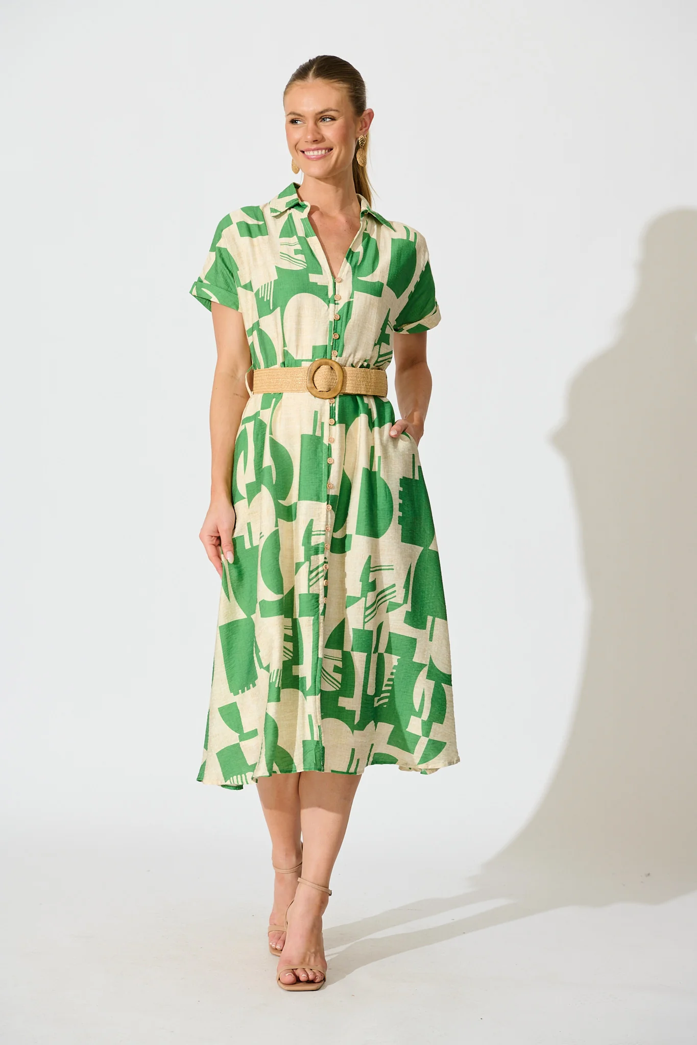 Charli Midi Shirt Dress in Green Geometric Print with Belt