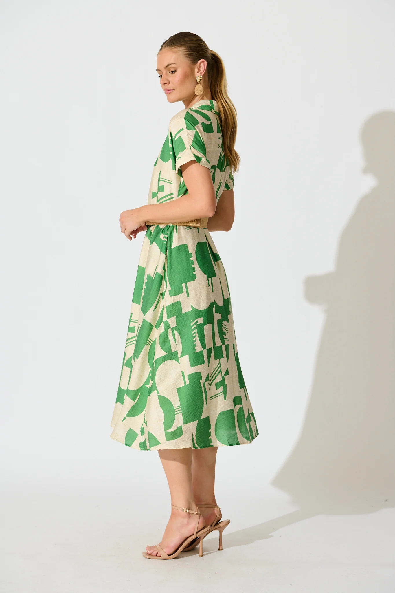 Charli Midi Shirt Dress in Green Geometric Print with Belt - Image 3