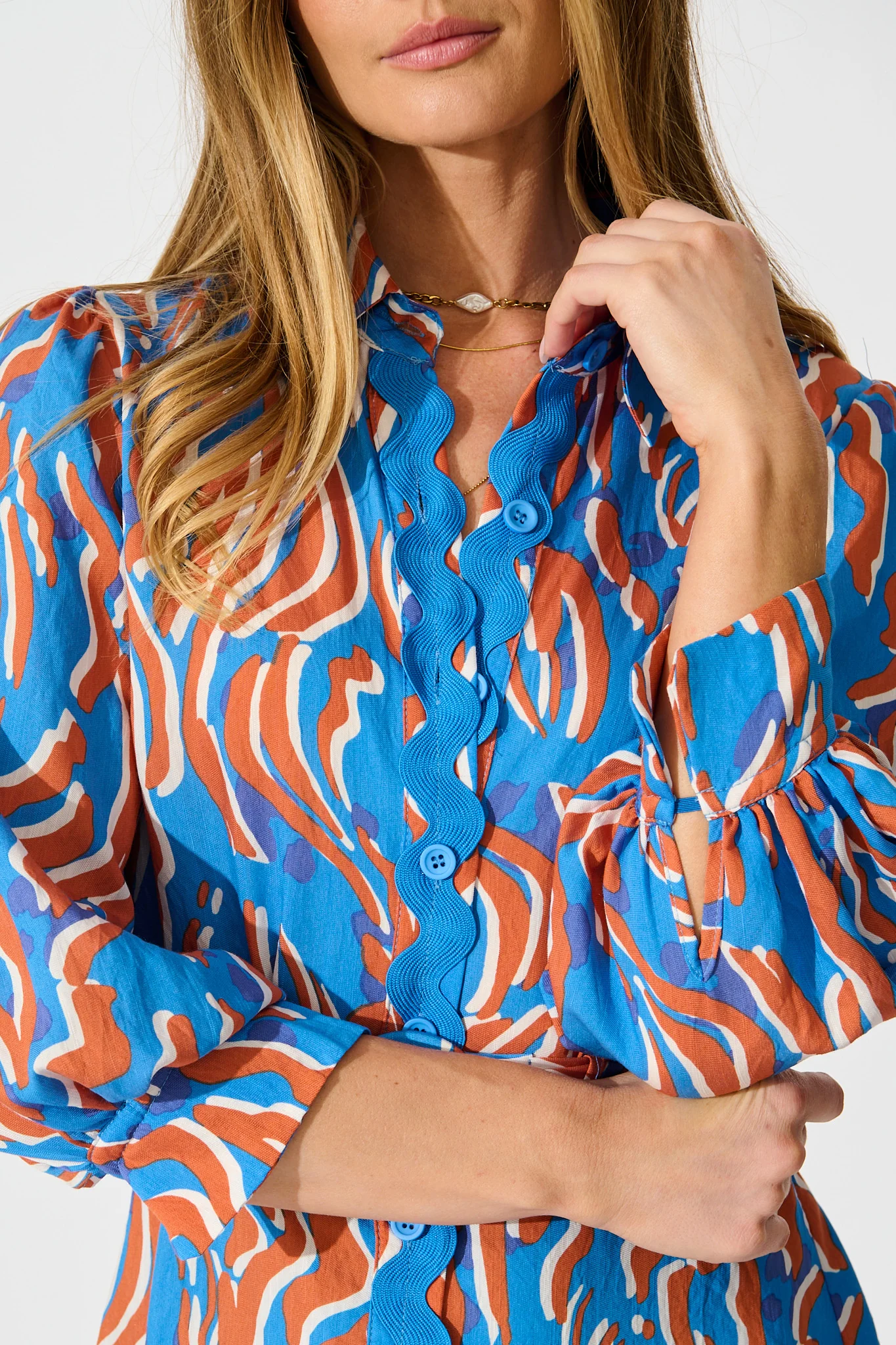 Charmain Dress in Blue with Orange Print - Image 5