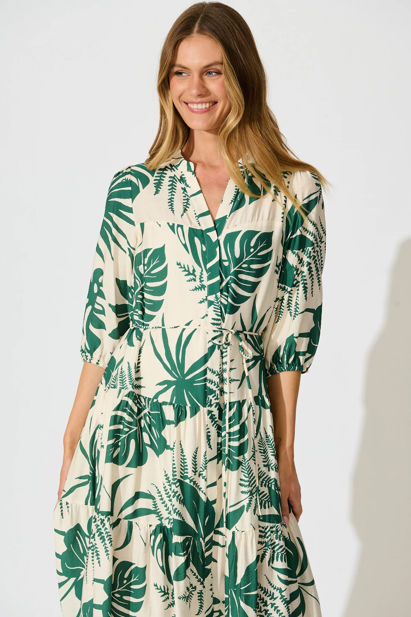 Charmaine Midi Dress in Cream with Green Print - Image 2