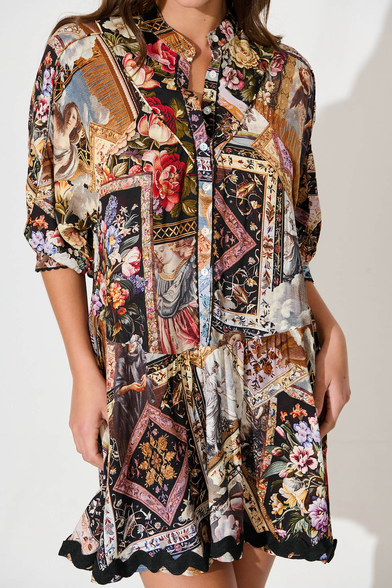 Chase Smock Dress In Black Multi Patchwork With Ric Rac Trim - Image 6