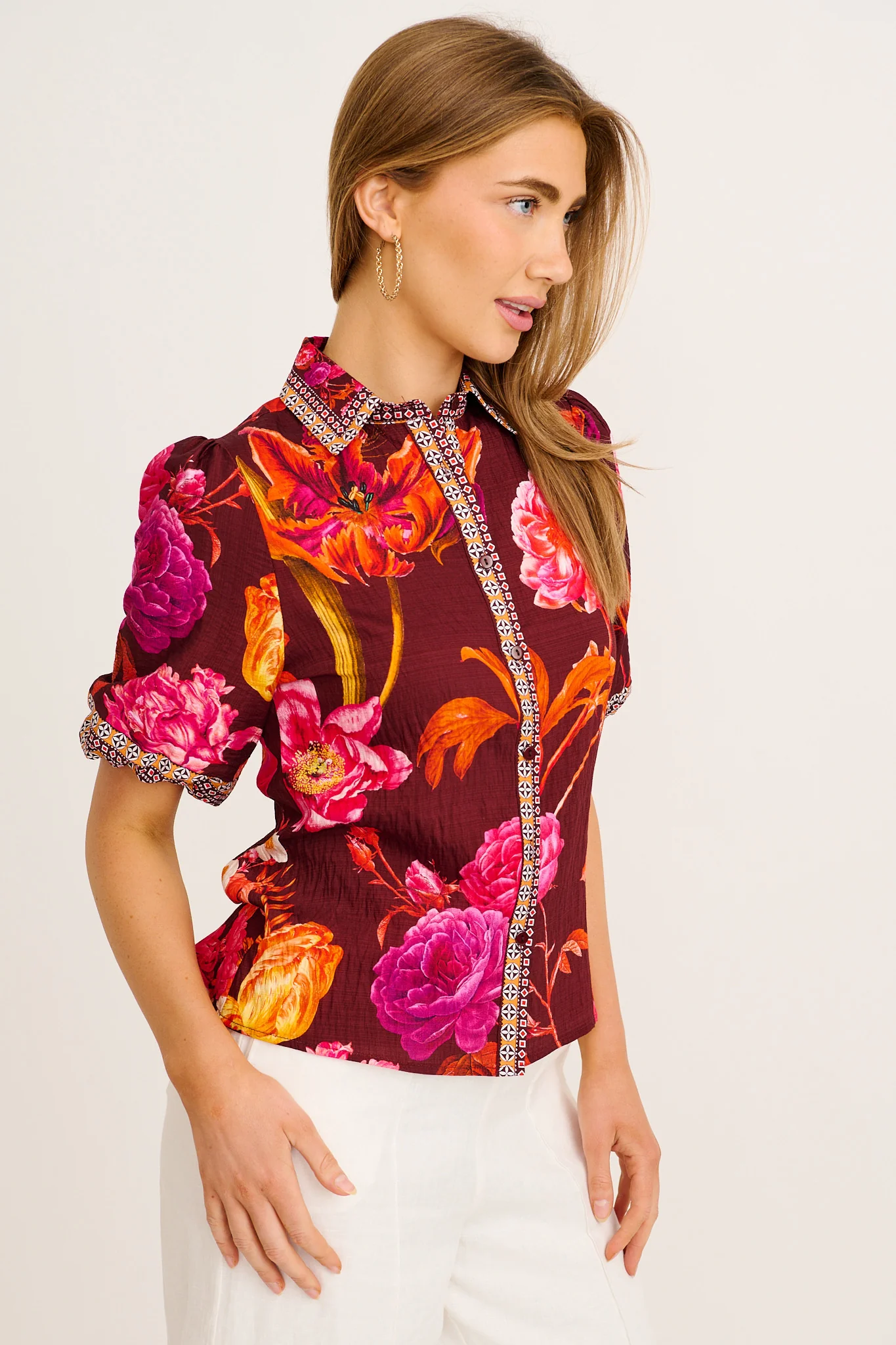 Cheering Top in Wine Multi Floral Print Linen Blend - Image 2