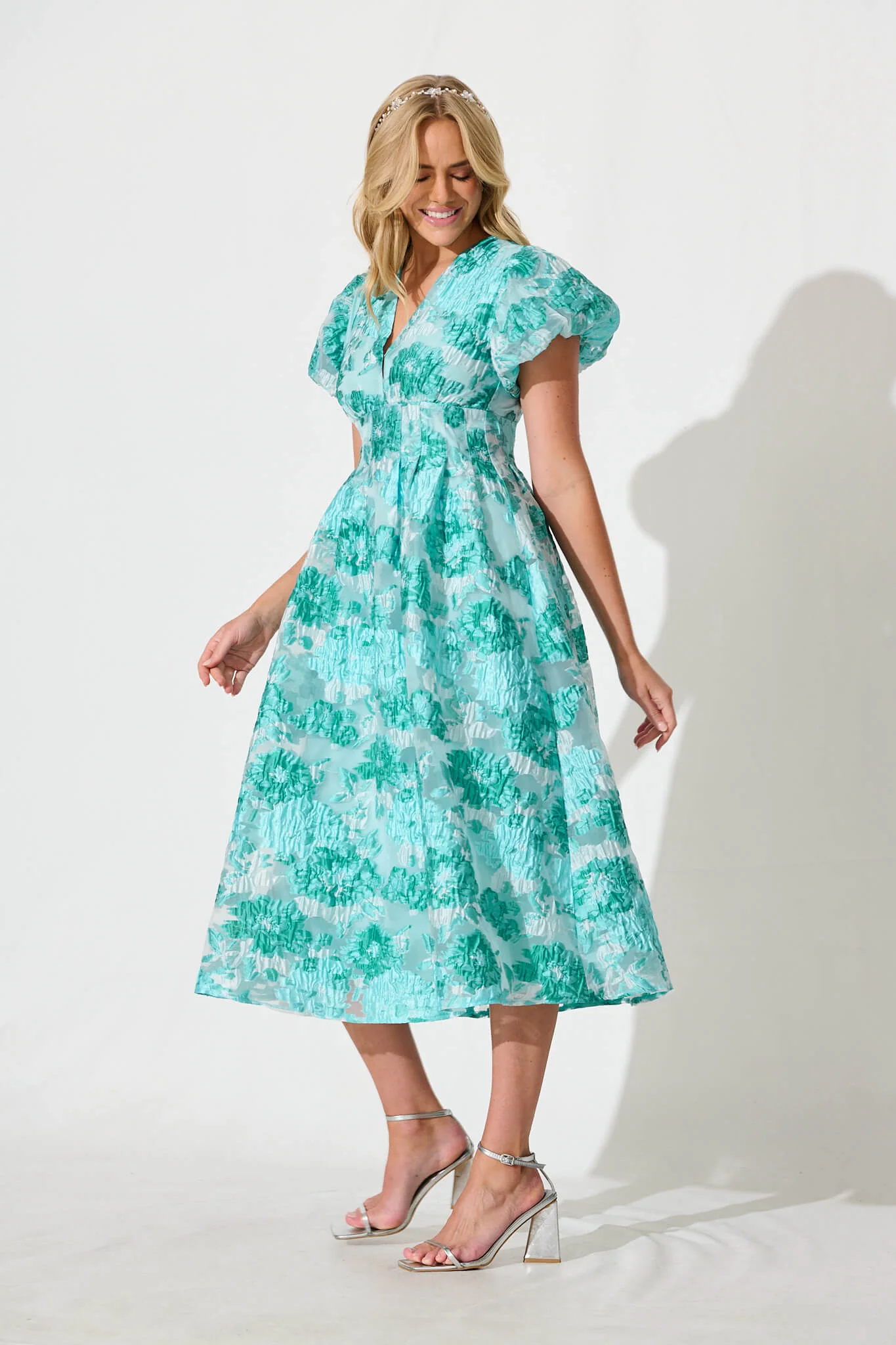 Cherish Midi Dress in Aqua Floral Organza Jacquard - Image 3