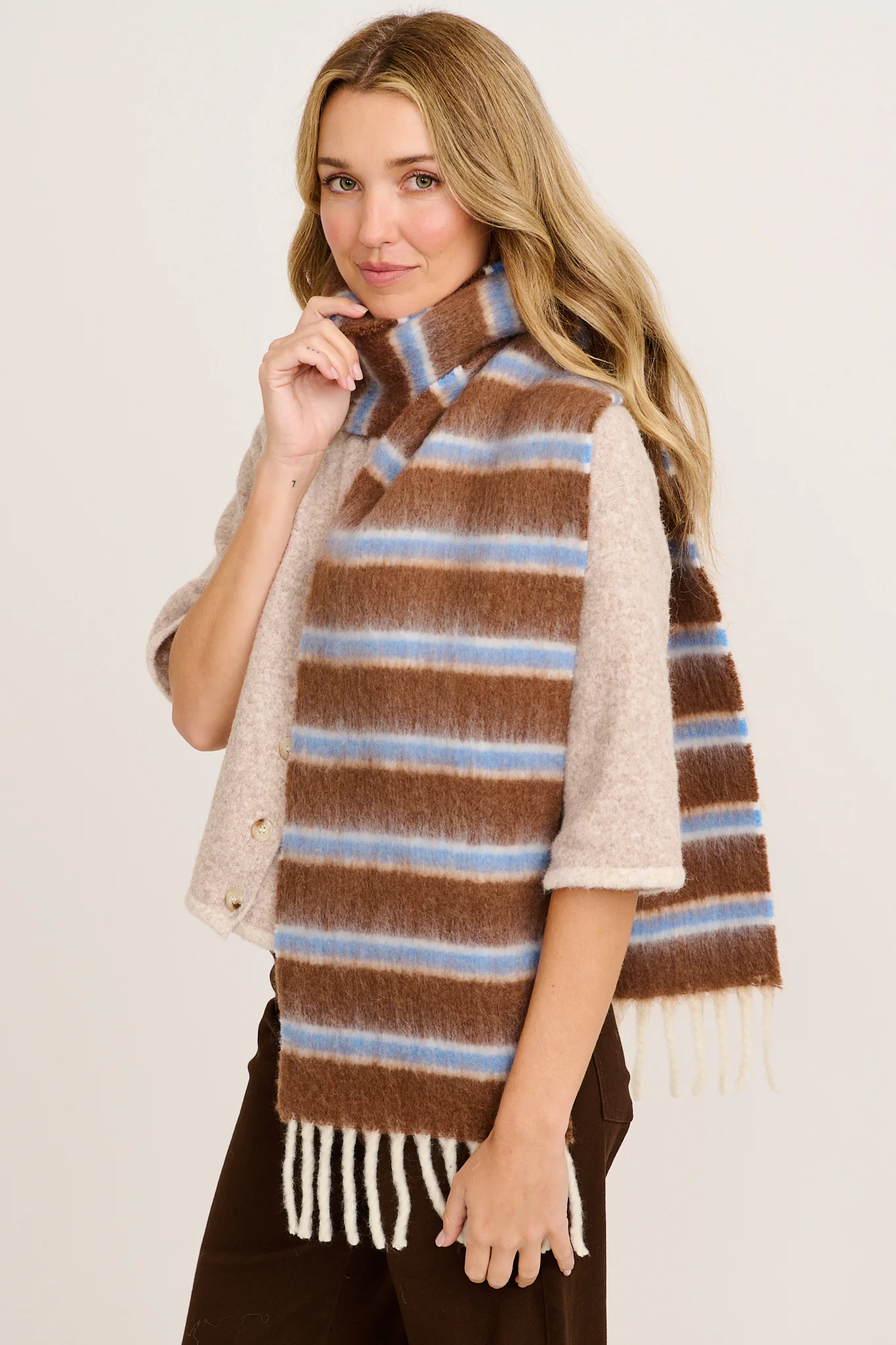 Chloe Knit Scarf in Chocolate and Blue Stripe - Image 2